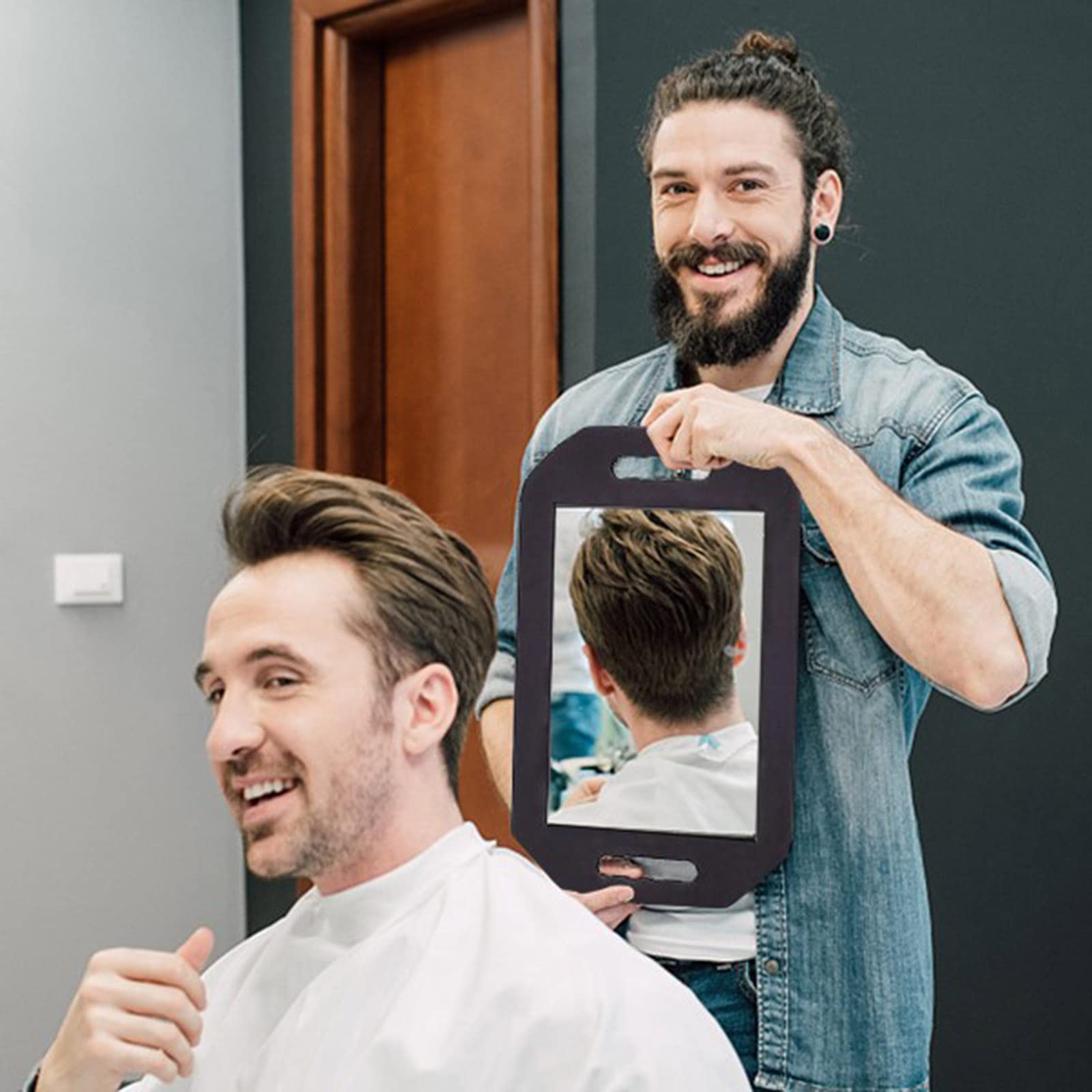 Feisate Barber Mirror Handheld Foam, Salon Large Foam Hand Mirror with Double Handle, Square Barbershop Handheld Mirror, Black