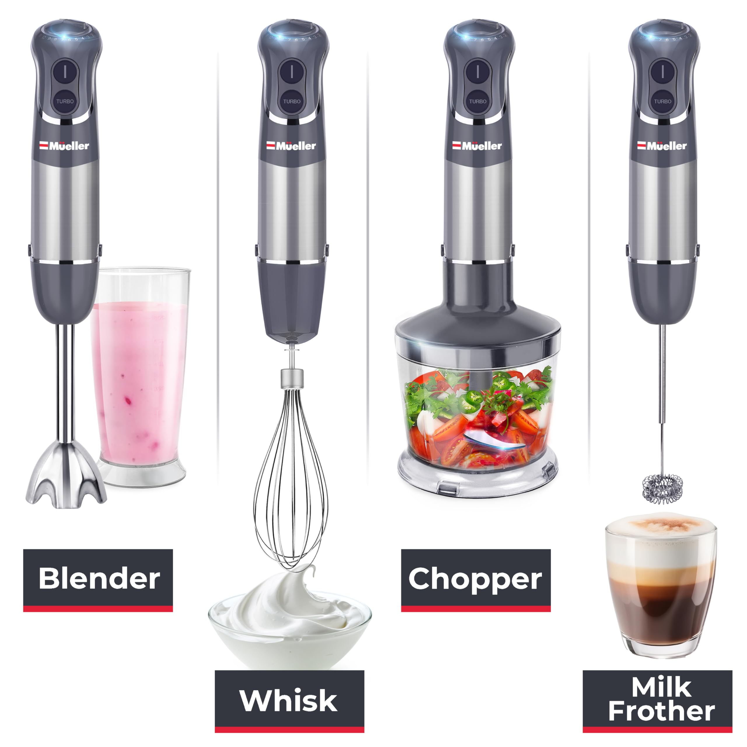 Mueller Multistick 5-in-1 Immersion Blender Handheld, 12 Speed Hand Mixer - Turbo Boost, Heaviest Duty Copper Motor, Titanium Blades Hand Blender, Milk Frother Wand, Whisk, Beaker, Chopper, Grey