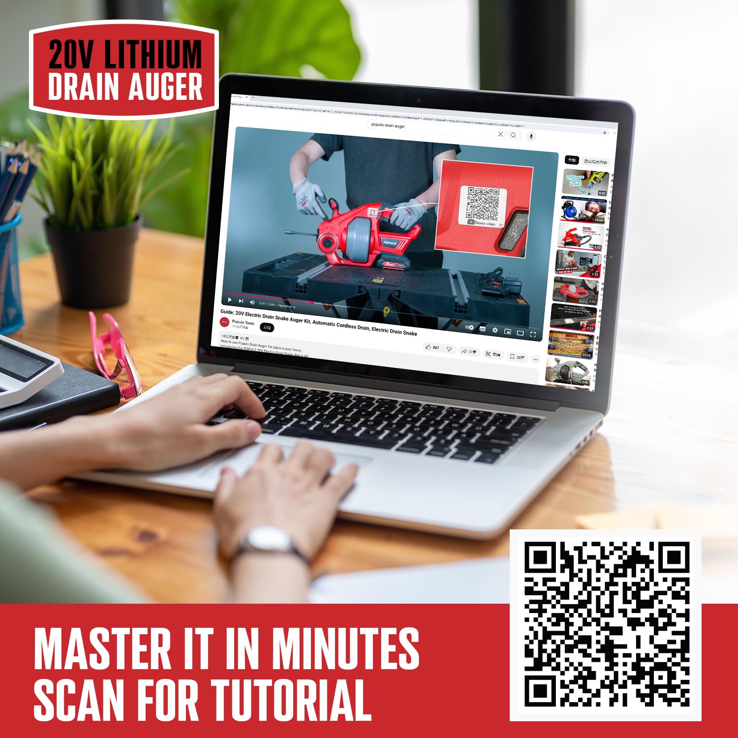 POPULO 20V Cordless Electric Drain Auger-Efficient 25Ft Auto-Feed Drain Snake with Replaceable Cable,2.0Ah Battery,Charger,Storage Bag & Gloves for Kitchen,Bathroom,Shower Pipes (3/4"-2")"