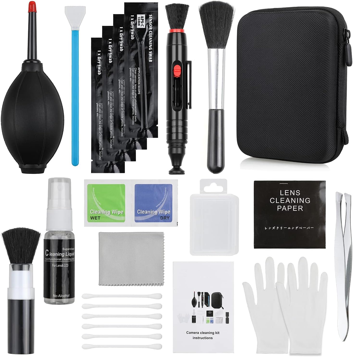 14-in-1 Camera Lens Cleaning Kit - Mirrorless Camera Sensor Cleaning Kit for DSLR Camera Canon Sony Nikon Including Lens Blower/Detergent/Swabs/Cleaning Cloth/Cleaning Pen/Cleaning Brush