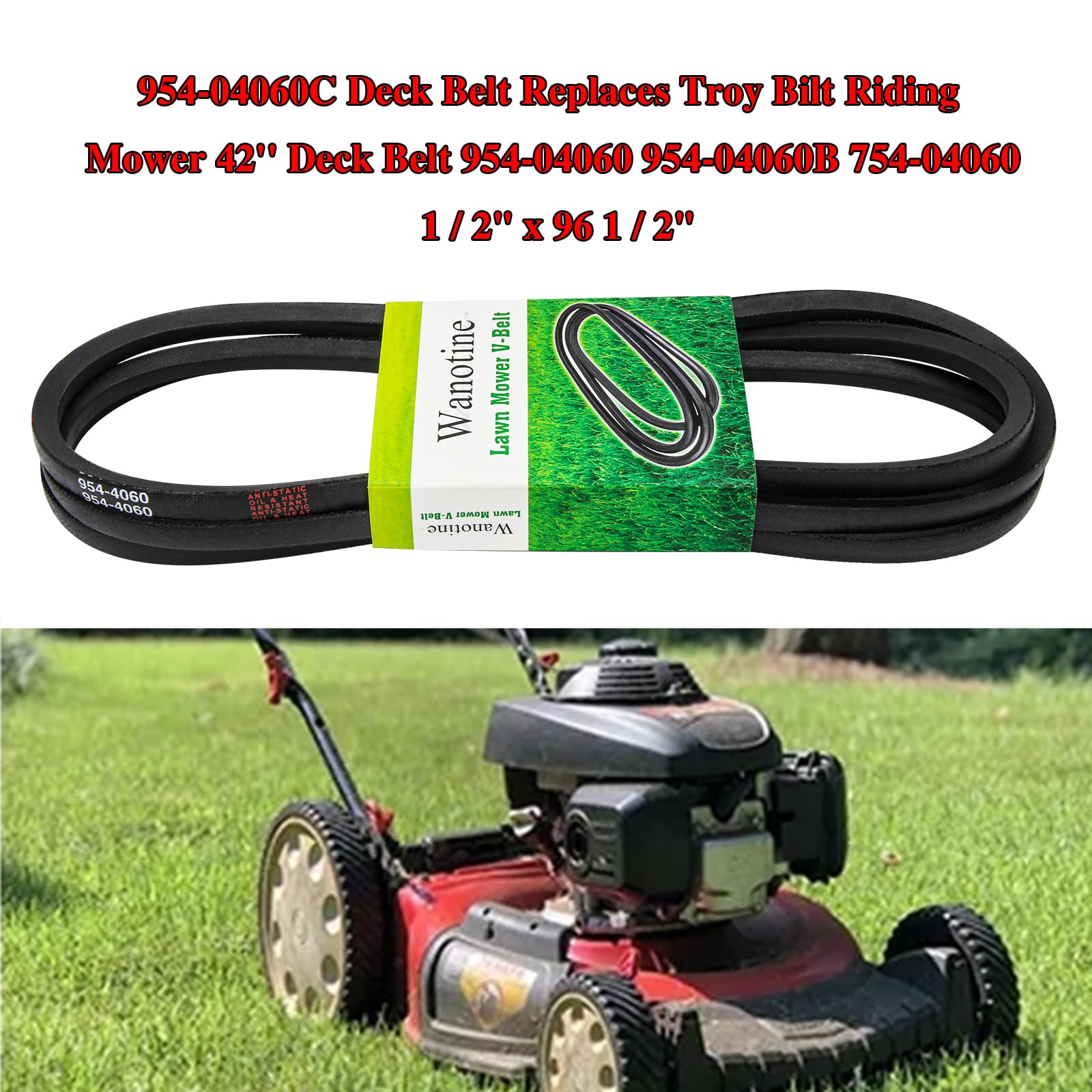 Wanotine 954-04060C Deck Belt Replaces Troy Bilt Riding Mower 42'' Deck Belt 954-04060 954-04060B 754-04060, Fits MTD Troy-Bilt Craftsman Cub Cadet John Deere Lawn Tractor Mowers (1/2" x 96 1/2")