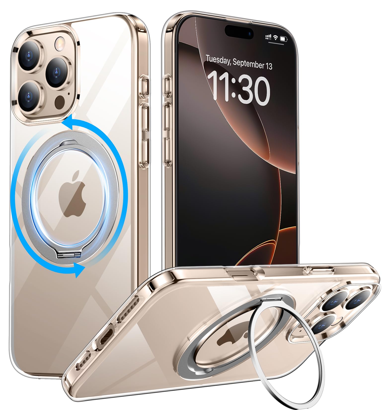 Temdan Designed for iPhone 16 Pro Case, 360°Rotatable Ring Stand Case Compatible with MagSafe Military-Grade Protection Magnetic Kickstand Case 6.3 inch-Clear