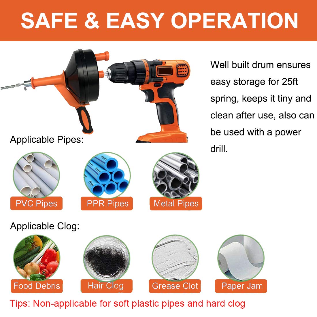 Drain Auger, Clog Remover with Drill Adapter, 25 Feet Flexible Plumbing Snake Use Manually or Powered for Kitchen,Bathrom and Shower Sink, Comes with Gloves (orange)