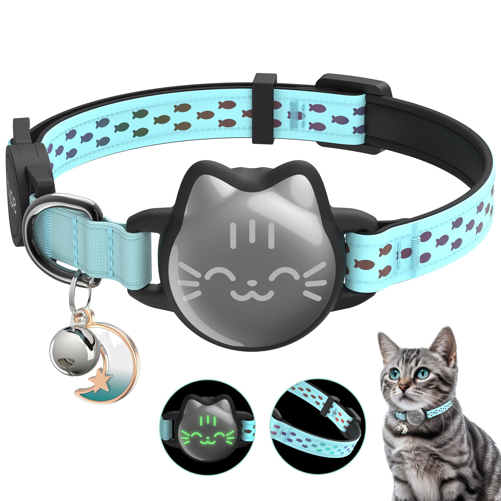 Waterproof Airtag Cat Collar, Breakaway Cat Airtag Collar with Luminous & Reflective Pattern Strap, Lightweight Kitten Collar for Apple Air tag, Hidden Holder for GPS Tracker - Cats, Kittens (9-13")