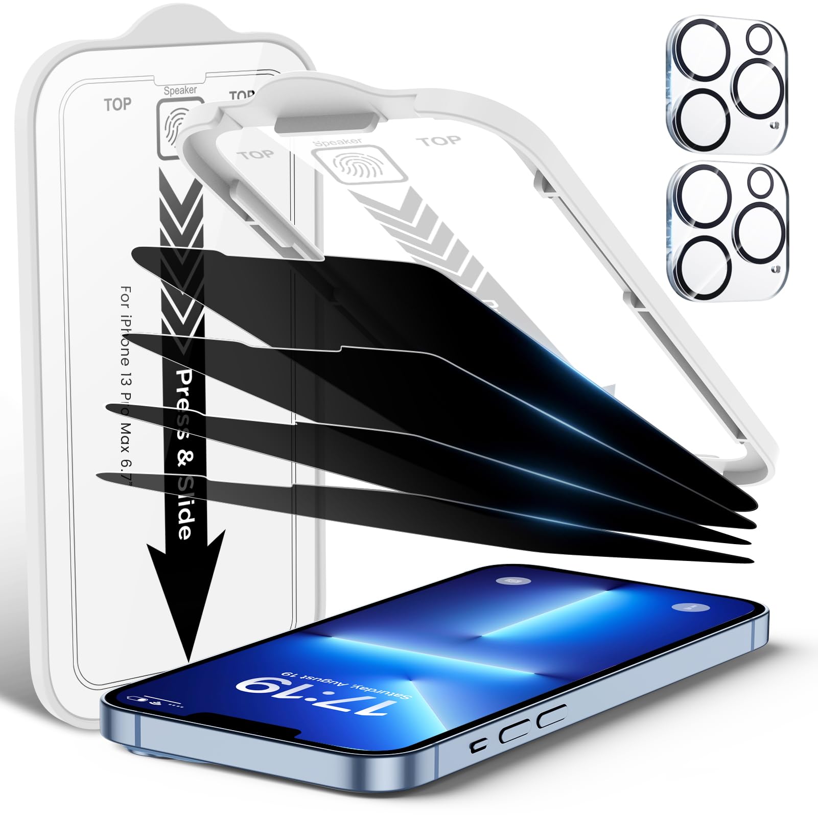 EZ-GLAZ-4 Pack Privacy Screen Protector for iPhone 14 Pro[6.1 inches] With 2 Pack Camera Lens Protector, [Drop Protection] 9H Hardness Scratch Resistant Tempered Glass Film, Easy to install