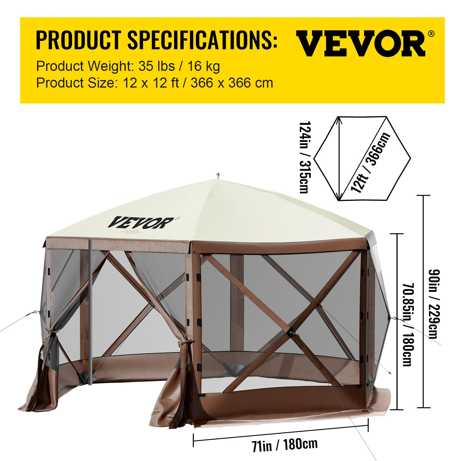 VEVOR 12 * 12ft 6 Sided Pop-up Canopy Shelter Tent with Mesh Windows, Portable Carry Bag, Stakes, Large Shade Tents for Outdoor Camping, Lawn and Backyard, Brown/Beige