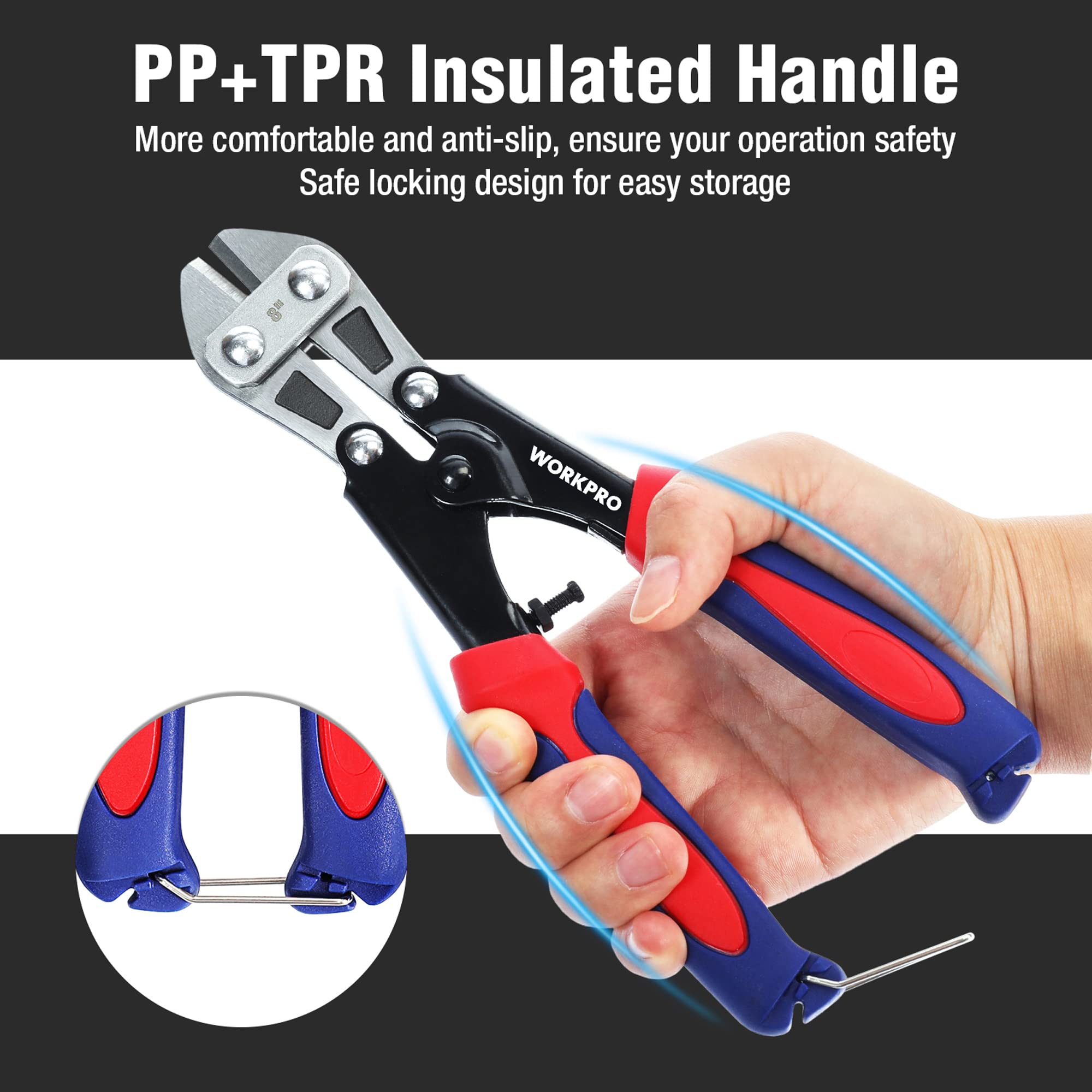 WORKPRO Mini Bolt Cutter 8-inch, Spring Loaded Small Heavy Duty Wire Cable Cutter, Snips Clippers with Soft Anti-Slip Handle
