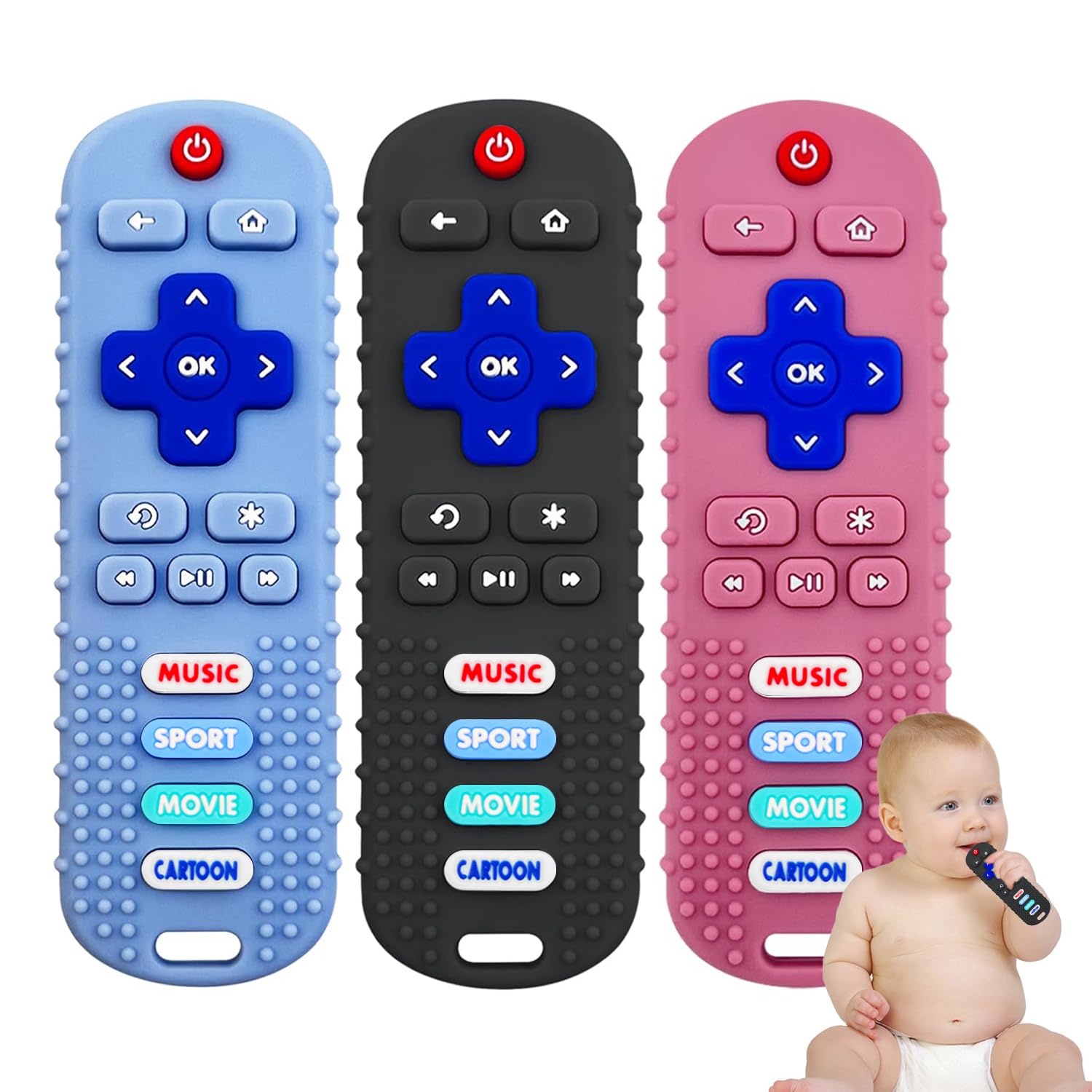 3 Pack Remote Control Shape Silicone Teethers for Babies Chew Toys, Teething Toys for Infant Toddlers,Baby Remote Control Toy (Black&Blue&Pink)