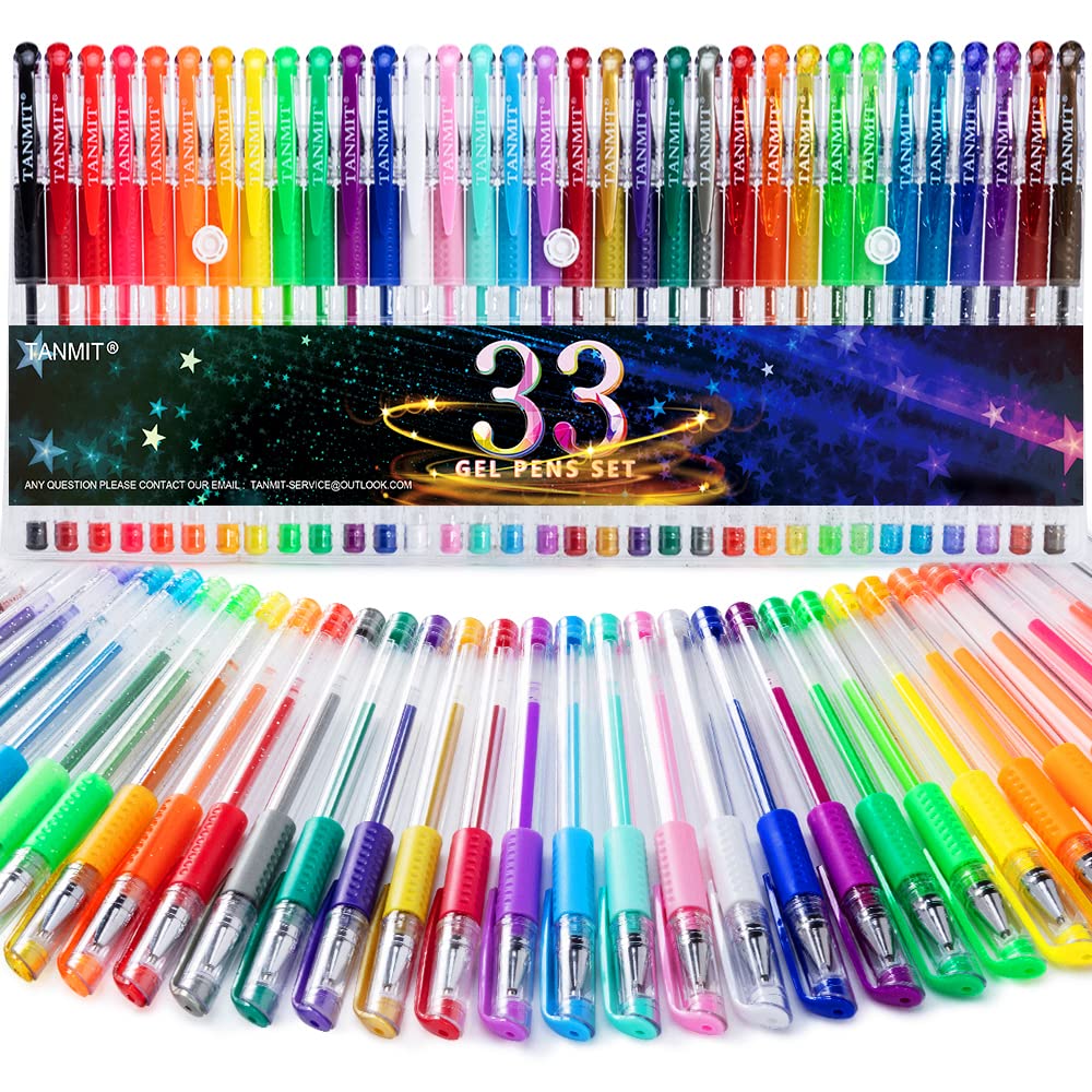 TANMIT Gelschreiber, 33 Farbgelschreiber-Set mit feiner Spitze, 40 % mehr Tinte für Malbücher für Erwachsene, Zeichnen, Kritzeln, Sammelalben, Journaling