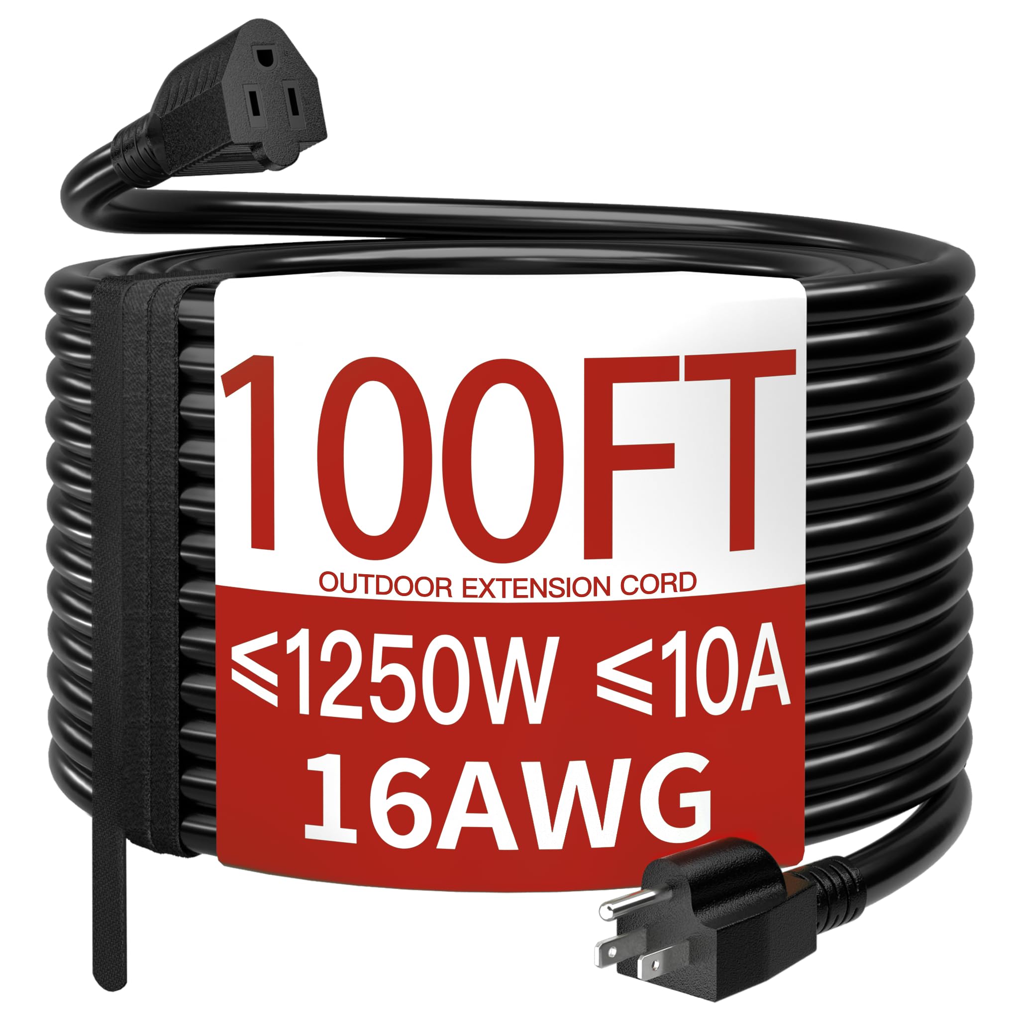 16/3 10A 1250W 125V 100 Ft Outdoor Extension Cord Waterproof, Weatherproof & Flame Retardant Black 3 Prong Power Cord Outside for Lawn & Garden, 16AWG SJTW ETL Listed