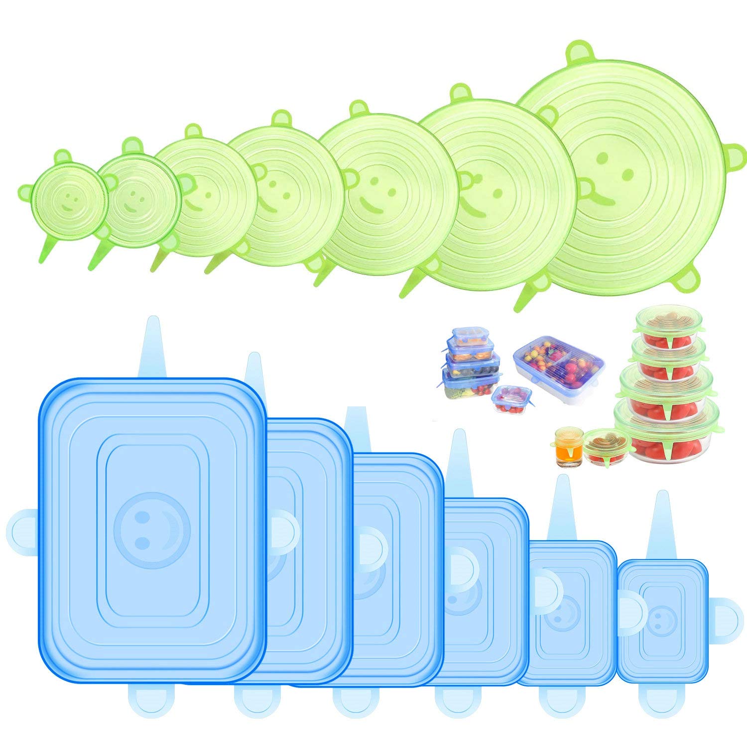 ONEGOL Silicone Stretch Lids, 12 Pack Silicone Lids, 6 Sizes BPA-free Silicone Bowl Covers Reusable for Cups, Bowls and Dish, Flexible, Round and Rectangle Fit 2.6” - 8.2” Container, Green & Blue