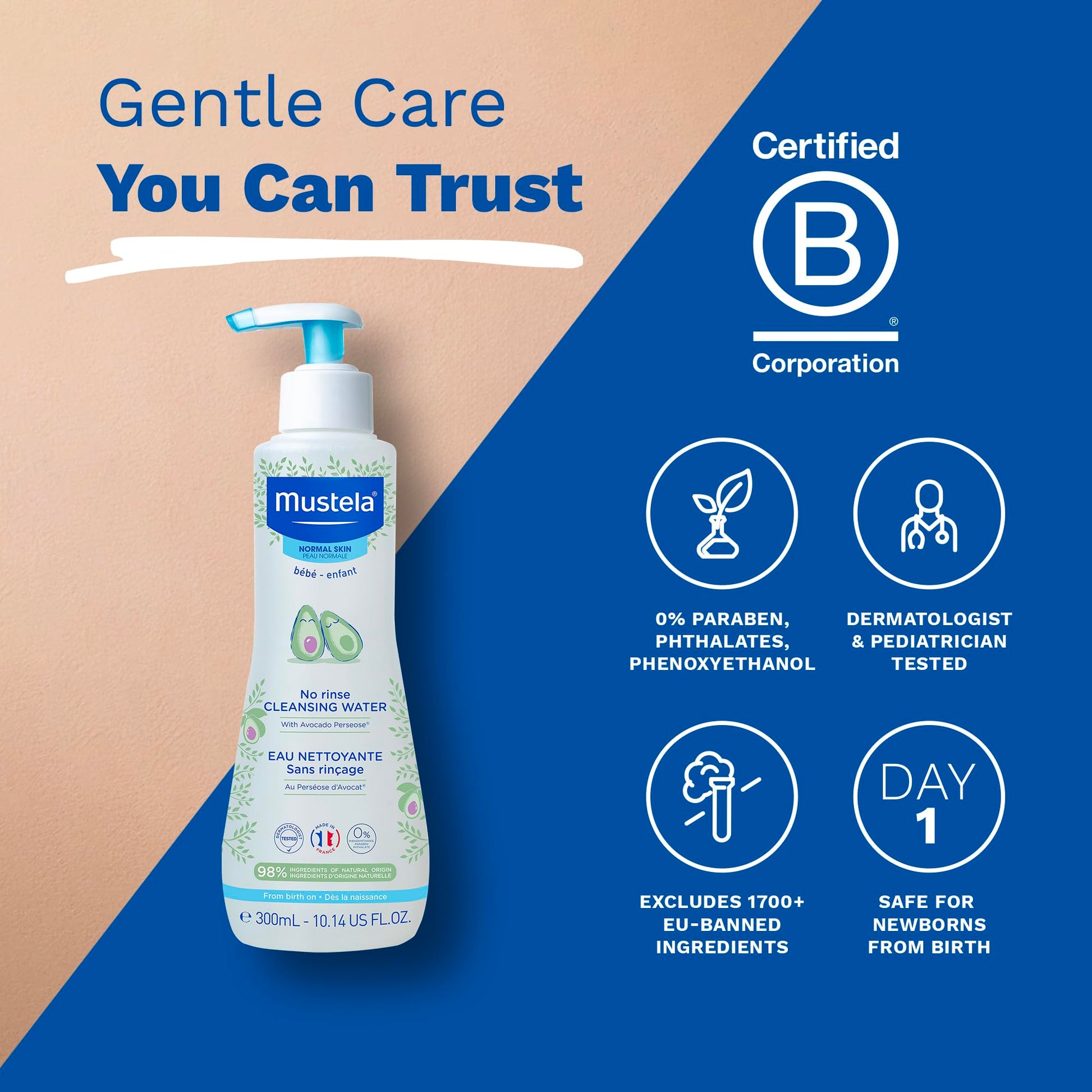 Mustela Baby Cleansing Water - No-Rinse Micellar Water - with Natural Avocado & Aloe Vera - for Baby's Face, Body & Diaper â€“ 10.14 fl. oz. (Pack of 1)