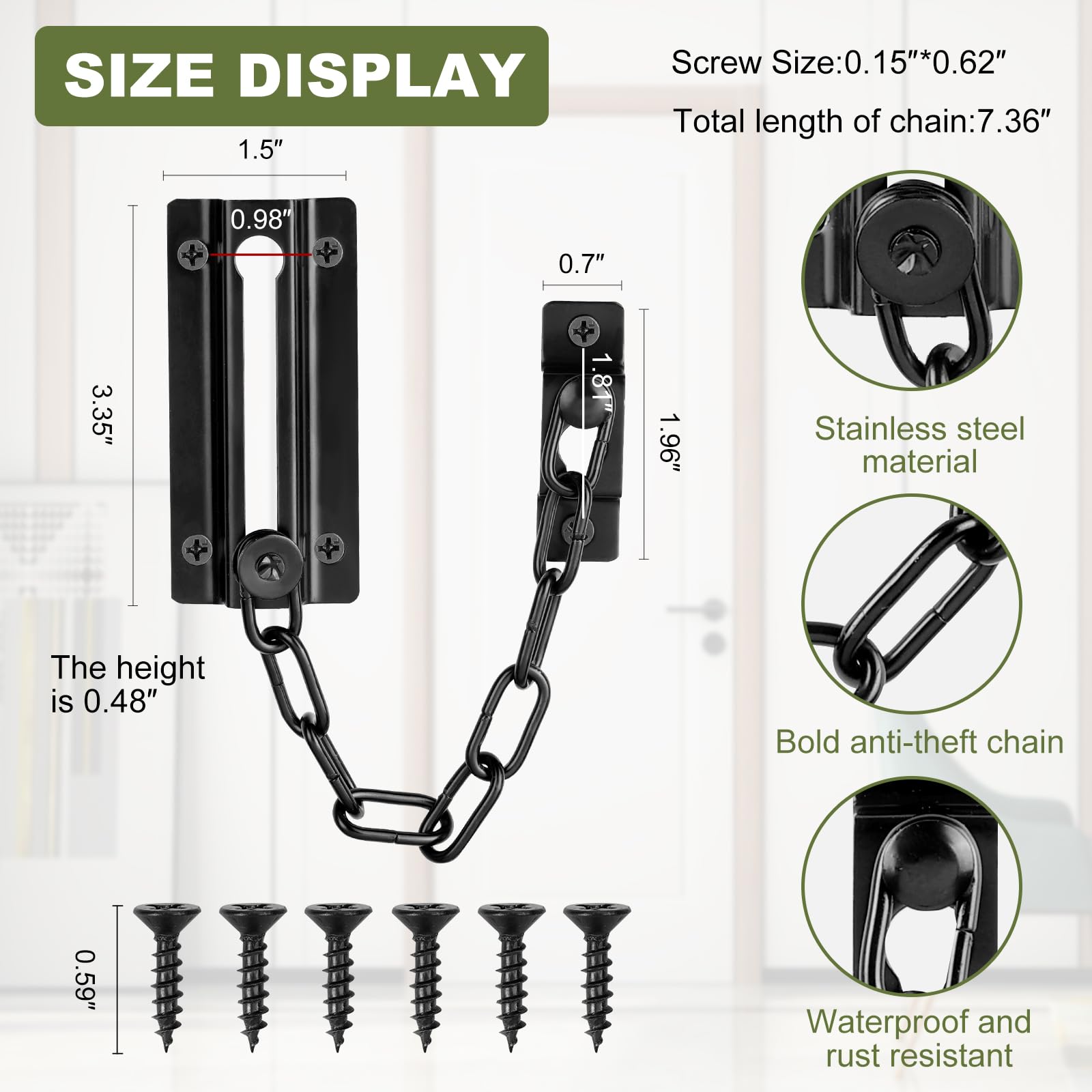Fitoon 2 Pack Door Chain Lock Black, Security Door Chain for Inside Door, Premium Thickened Chain Door Lock with 12 Screws