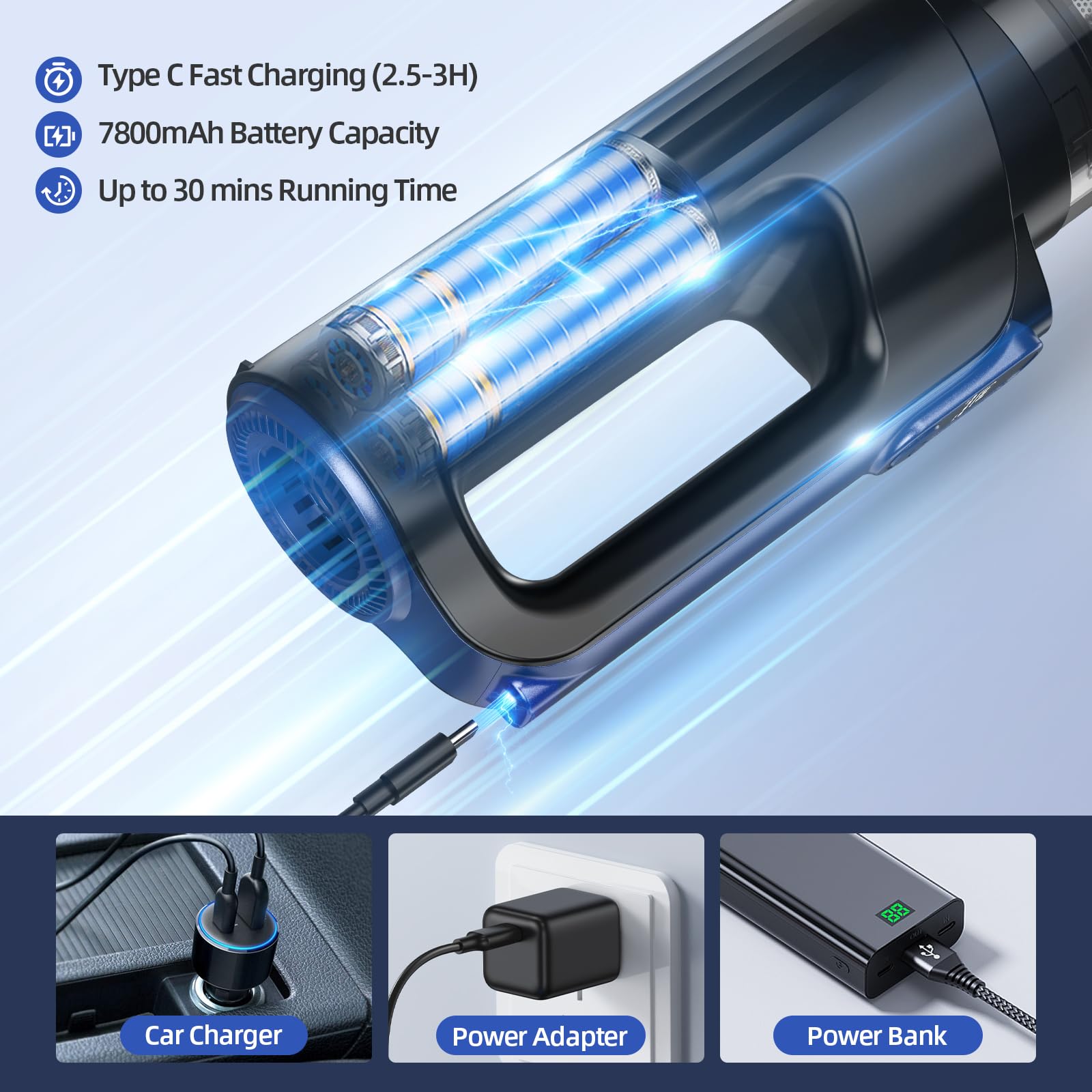 MONOZEL Car Vacuum Portable Cordless, 18000Pa 2 in 1 Vacuum Cleaner&Air Duster, 130W Brushless Motor Handheld Vacuum Cordless with 7800mAh Battery, LED Light, Multi-Nozzles for Car, Home, Office, Pet