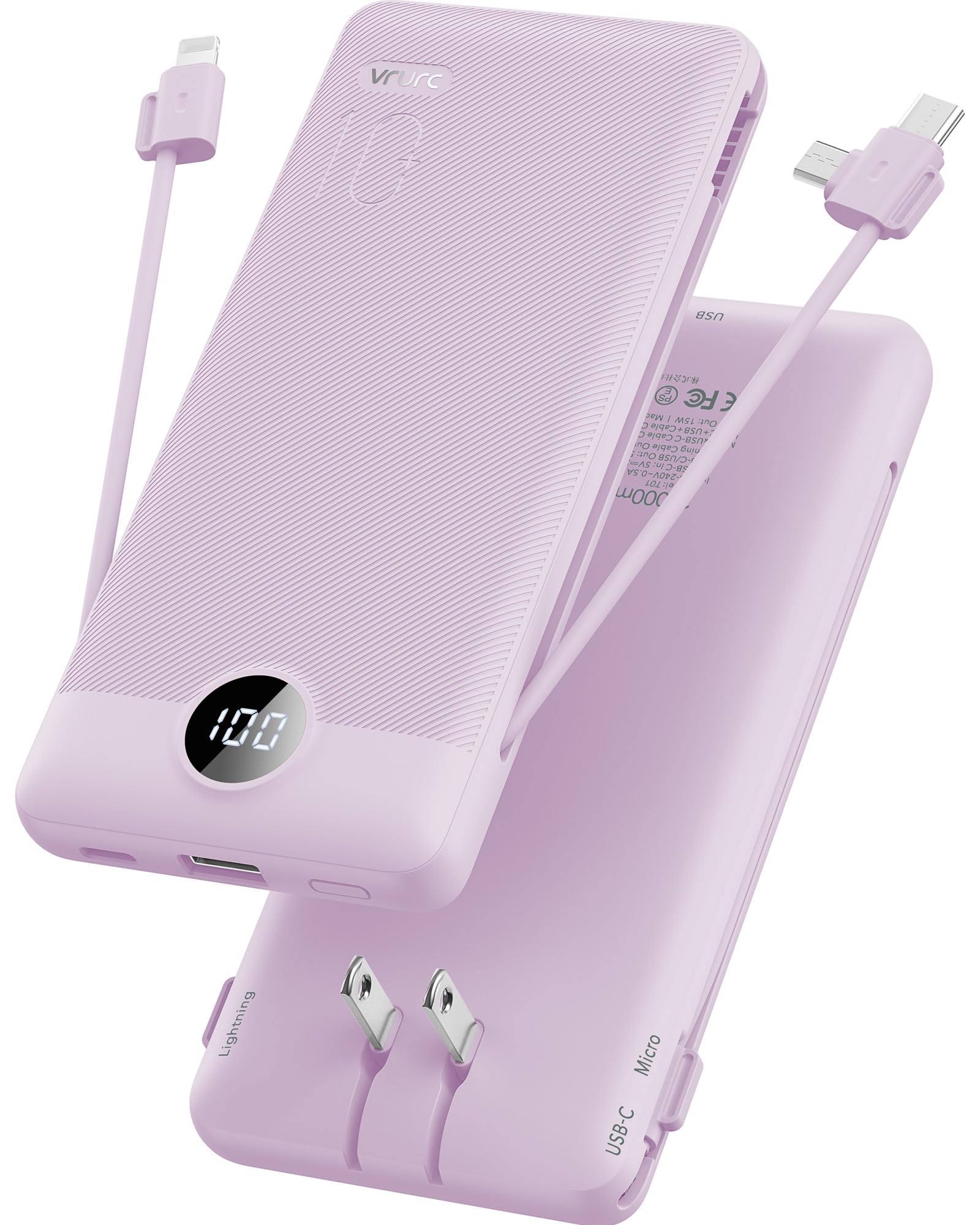 VRURC Portable Charger Built-in Cables and AC Wall Plug, USB C Power Bank 10000mAh, [2023 Upgraded Version] Phone Charger Compact Lightweight External Battery Pack for Smart Phones, Tablets etc-White