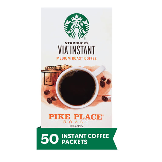 Starbucks VIA Instant Coffee, Medium Roast Coffee, Pike Place Roast, 100% Arabica, 1 box (50 packets)