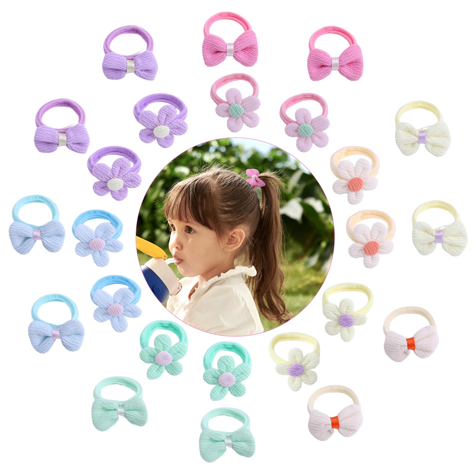 TAANGTHOSE 24 Pcs Toddler Hair Ties for Girls, Baby Hair Tie Cute Flower Elastic Scrunchies, Seamless Ponytail Holders, Little Girls Hair Accessories for Thick Hair, Pink, Purple, Blue