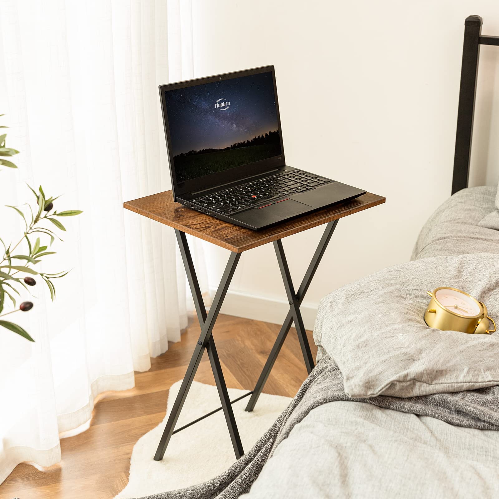 HOOBRO Folding TV Tray Tables, Set of 2 Side Table for Small Space, Industrial Snack Tables for Eating at Couch, Stable Metal Frame, Easy Assembly, Space Saving, Rustic Brown and Black BF25BZ01