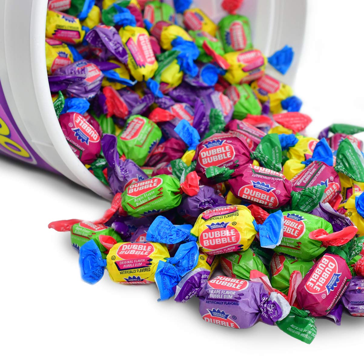 Tootsie Roll Dubble Bubble Gum - 300 Count Resealable Tub of Individually Wrapped Fruit and Bubble Gum - Original, Watermelon, Apple and Grape Flavors - Peanut and Gluten Free, 47.6 Ounce