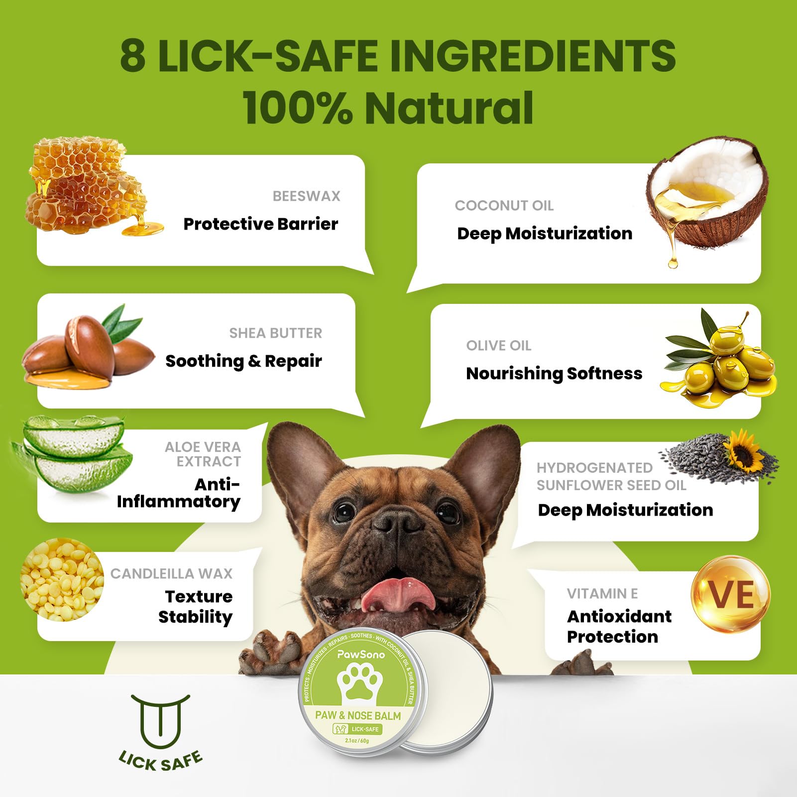 PawSono Lick-Safe Dog Paw & Nose Balm with Coconut Oil | All-Natural Moisturizer & Soother for Dry, Cracked Pads & Snout| Cat Wax & Cream, Nose Butter for frenchies| Horse Hoof Care (60 g /2.1 oz)