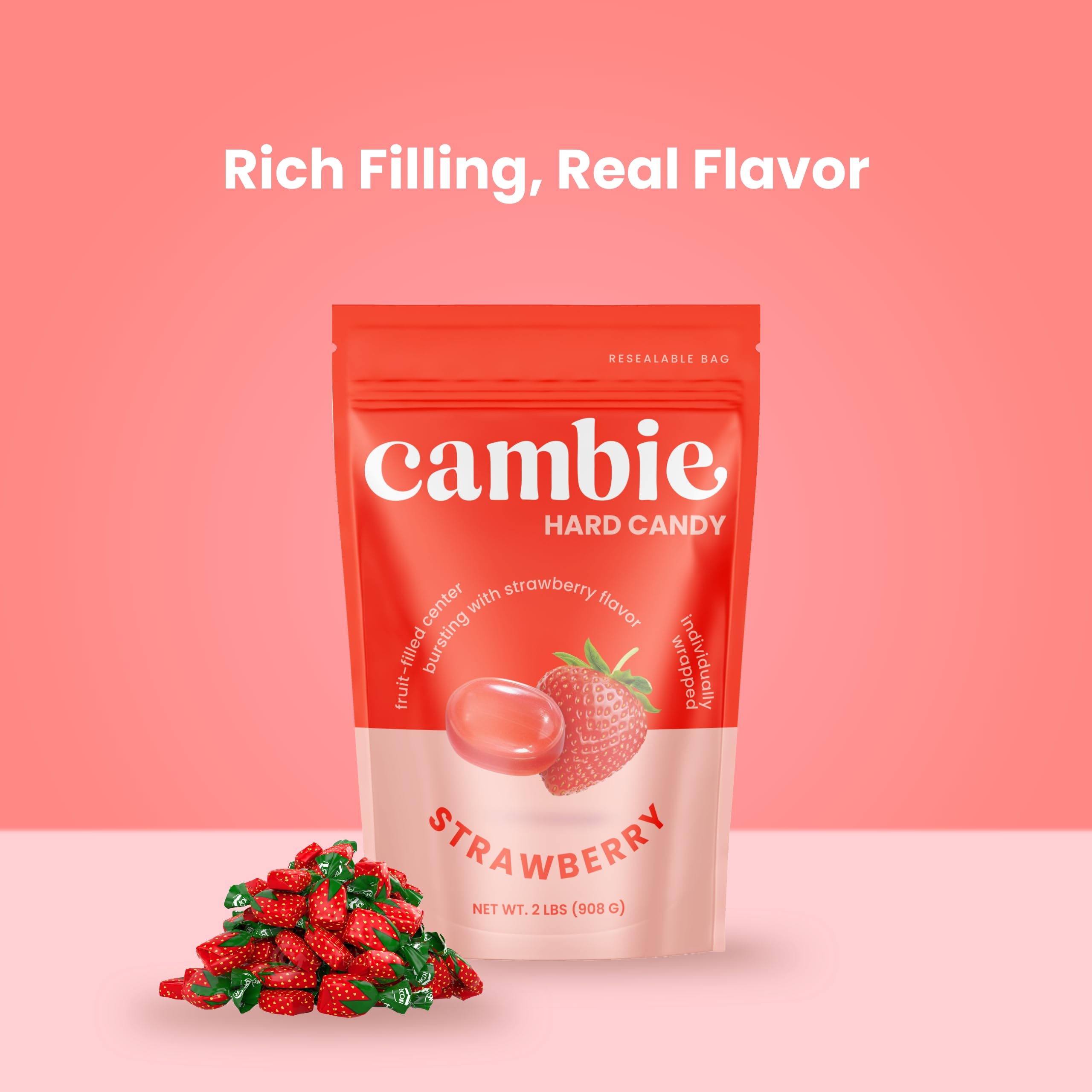 Strawberry Hard Candy Individually Wrapped – Cambie Bulk Candy with Fruit-Filled Center, 2 lbs Bon Bons for Piñata Filler, Candy Bags, Party Favors