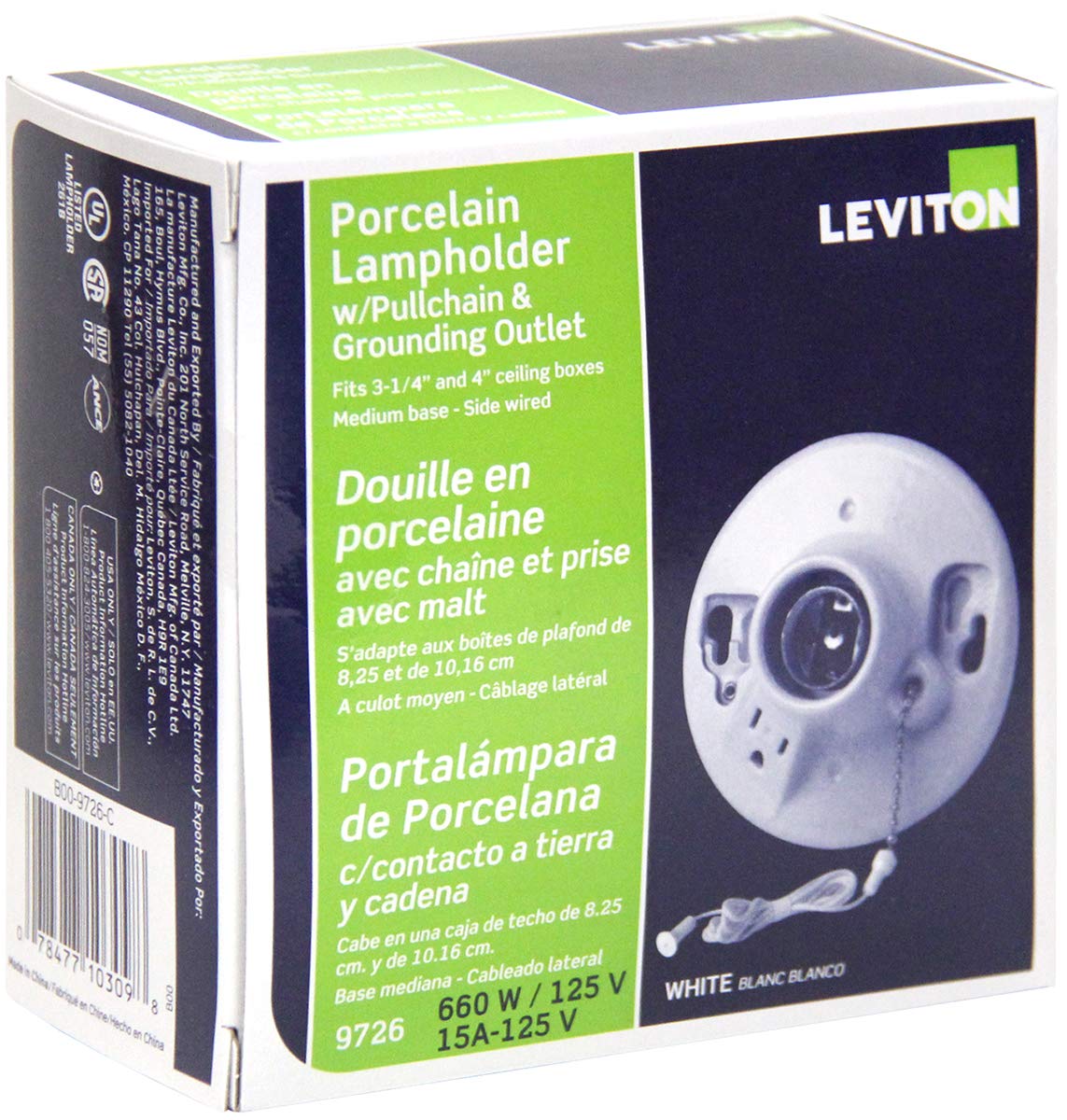 Leviton One-Piece Glazed Porcelain Outlet Box Mount, Incandescent Lampholder, Pull Chain, Top Wired, 9726-C, White