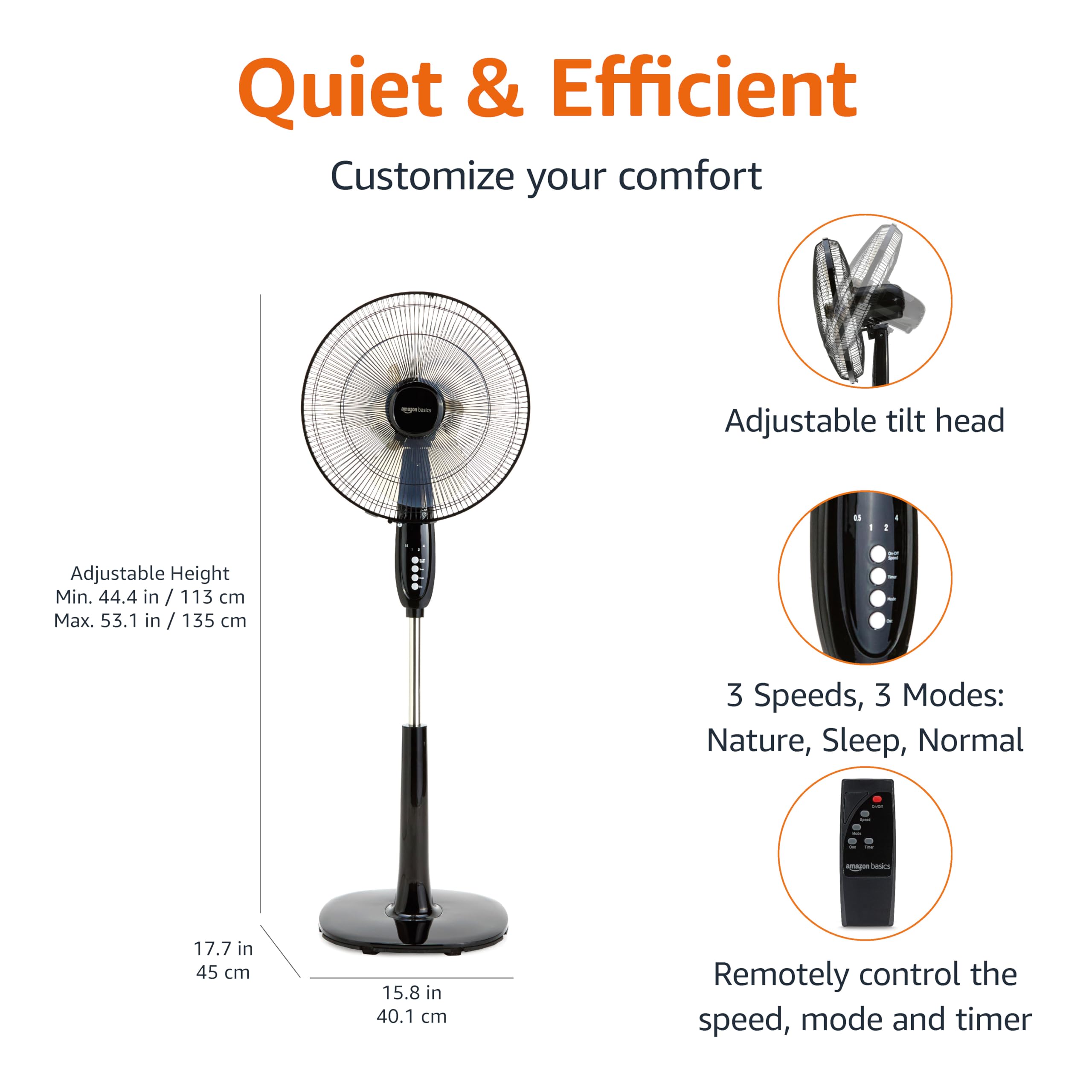 Amazon Basics 16" Pedestal Fan with Remote, Floor Fan, Standing Fan for Bedroom, Living Room, Office, with 3 Speeds, 3 Modes, Timer, Dual-Layered Blades, Adjustable Height, Tilt Head, 60W, Black