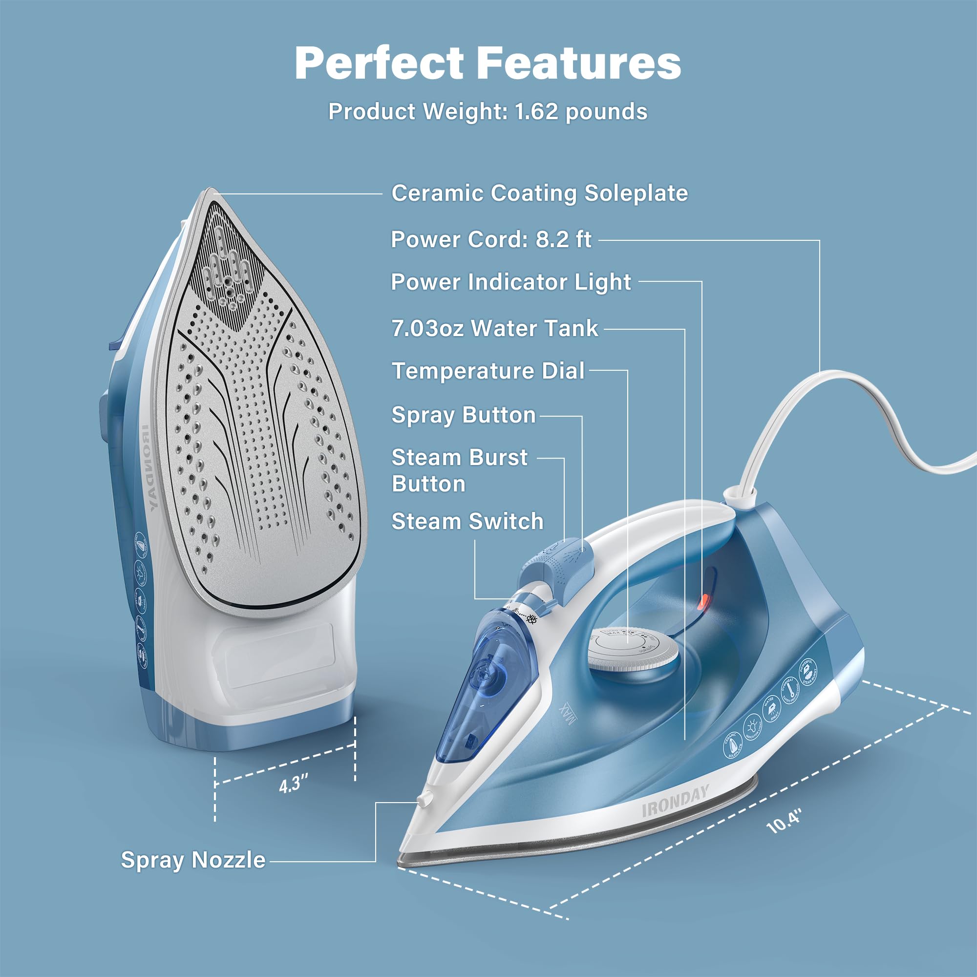 IRONDAY Steam Iron for Clothes Fast Heating, 1200W Iron with Non-Stick Ceramic Soleplate, Self-Cleaning, Burst of Steam, Spray Mist, 7.03oz Water Tank Ironing Clothes for Home, Blue