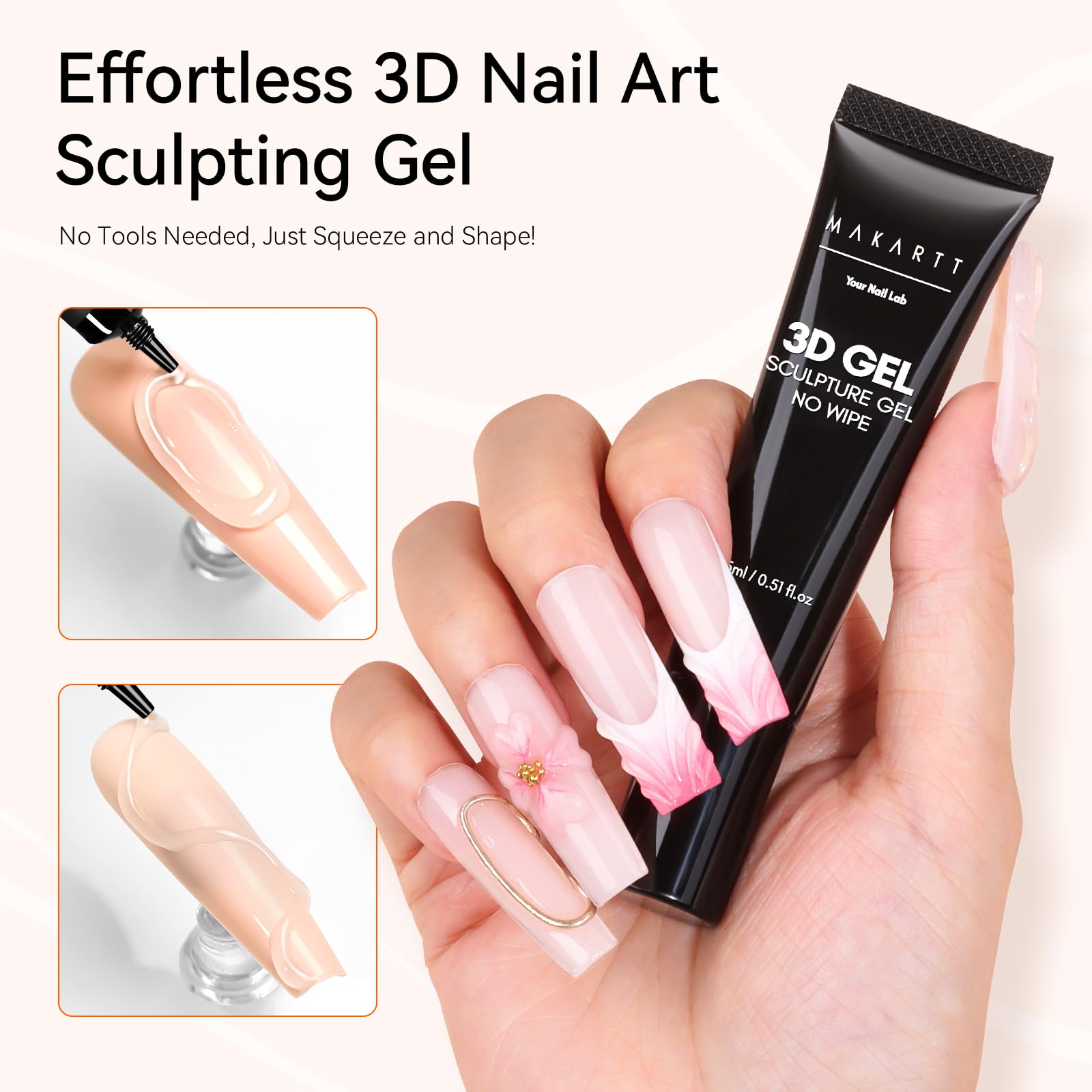 Makartt 3D Gel Nail Art - 3D Nail Gel Sculpting Gel Nail Glue 15g No Wipe Clear Gel Polish for Nail Designs DIY Nail Art Glue for Drawing, Molding, Sculpture, Gems and Decoration