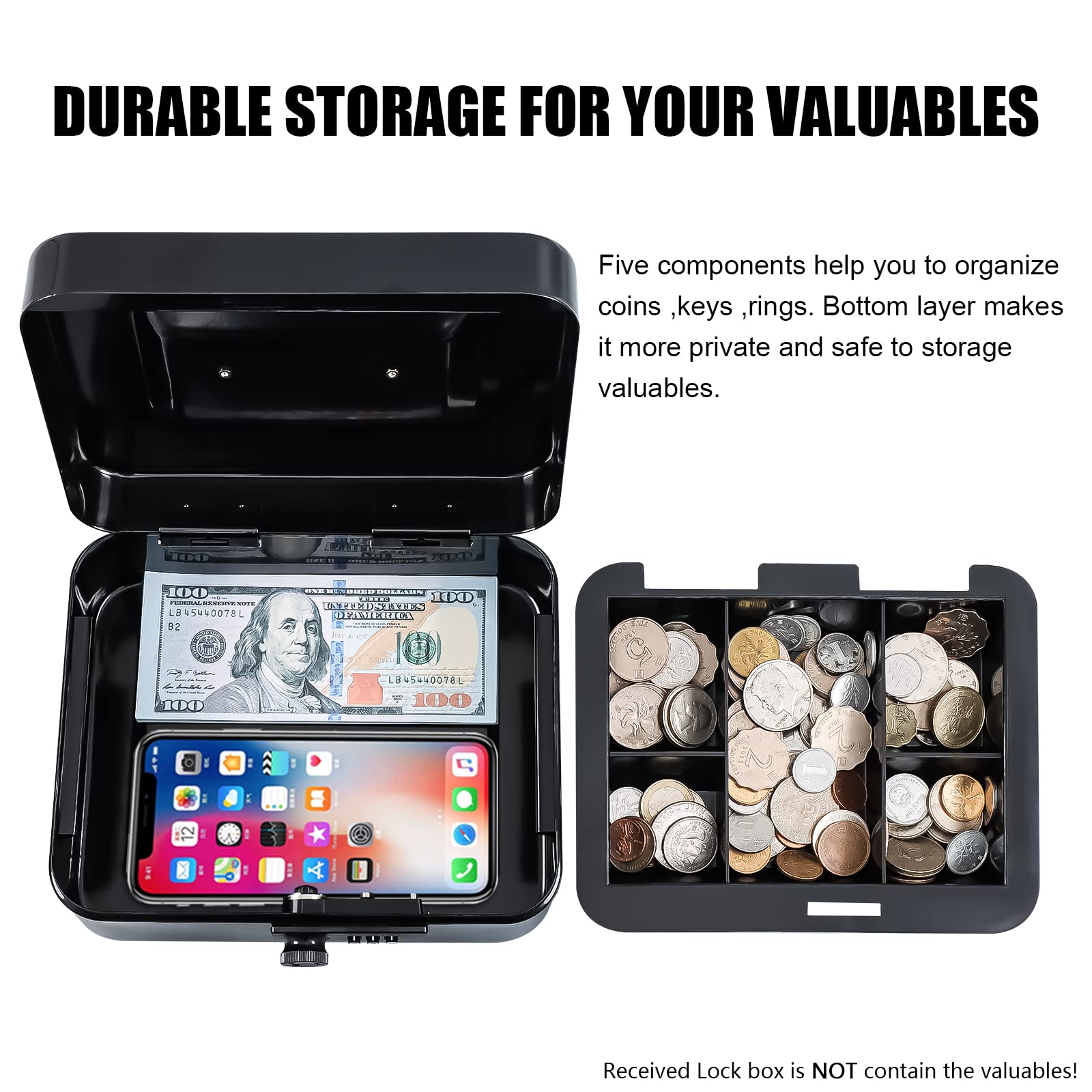 KYODOLED Cash Box with Combination Lock Safe Metal Money Box with Money Tray for Security Lock Box 7.87"x 6.30"x 3.35" Black