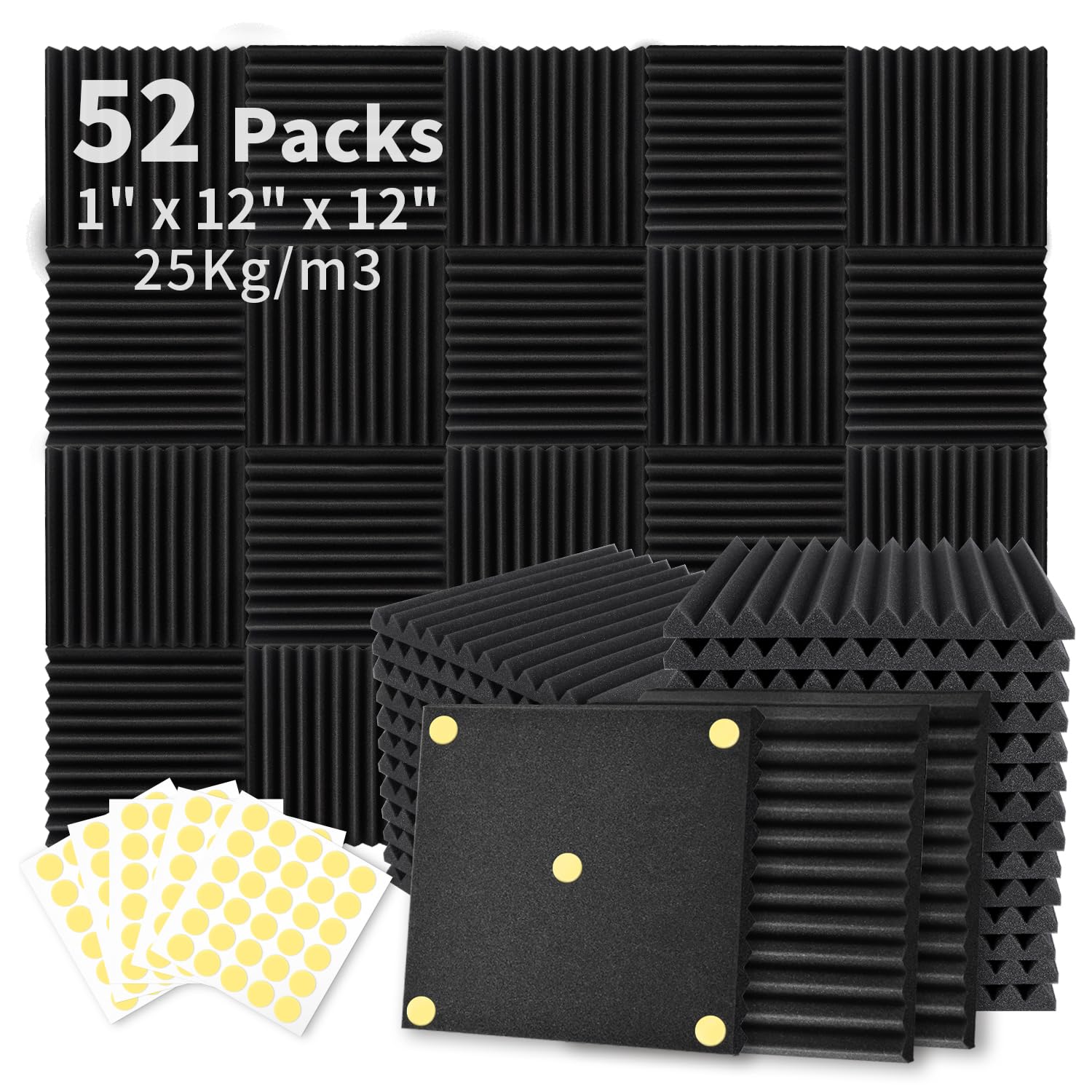 Focusound 50 Pack Acoustic Foam Panels 1" x 12" x 12" Sound Proof Foam Panles Soundproofing Noise Cancelling Wedge Panels for Home Office Recoding Studio with 300PCS Double-Side Adhesive