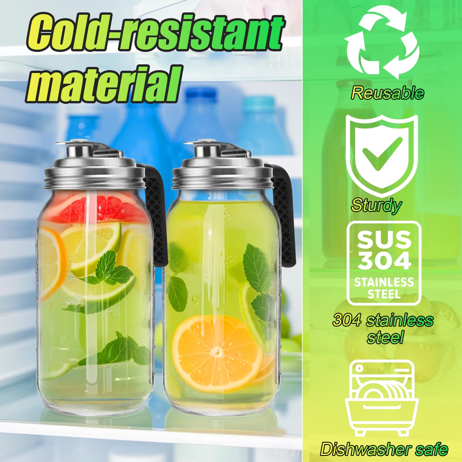 Mason Jar Pour Spout Lid Stainless Steel with Handle, Wide Mouth Pour Spout Flip Cap Lids for Mason Jars, Anticracking Leak Proof Seal Cover Airtight for Drinking Salad Dressing & Food Storing(2PCS)