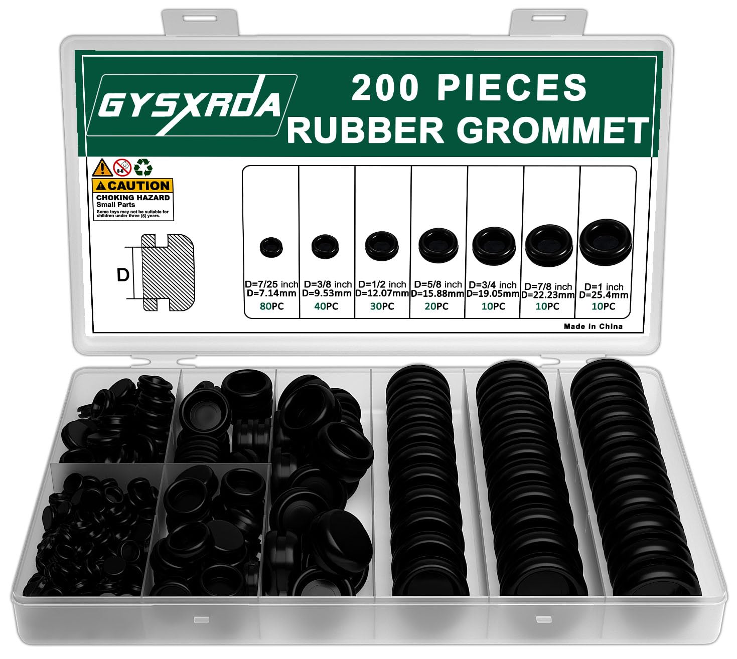 Gysxrda Rubber Grommet Kit 200 Pack - 7 Sizes Firewall Rubber Hole Plugs Rubber Grommets for Wiring, Automotive, Home Improvement Cord Pipe Wire Organization (7/25, 3/8, 1/2, 5/8, 3/4, 7/8, 1 inch)
