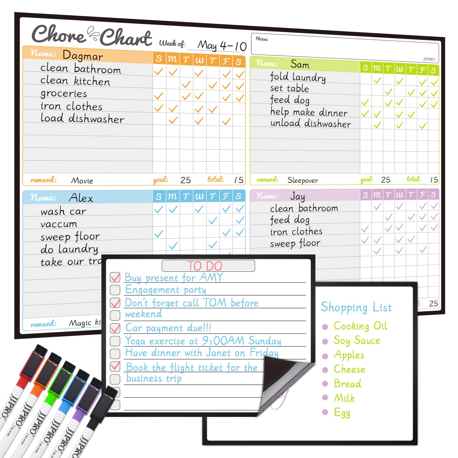 JJPRO Magnetic Dry Erase Chore Chart Set for Fridge-Used for Multiple Kids-One Chore Chart and Two Bonus Dry Erase Pad/Grocery Boards-Behavior Chart for Multiple Kids