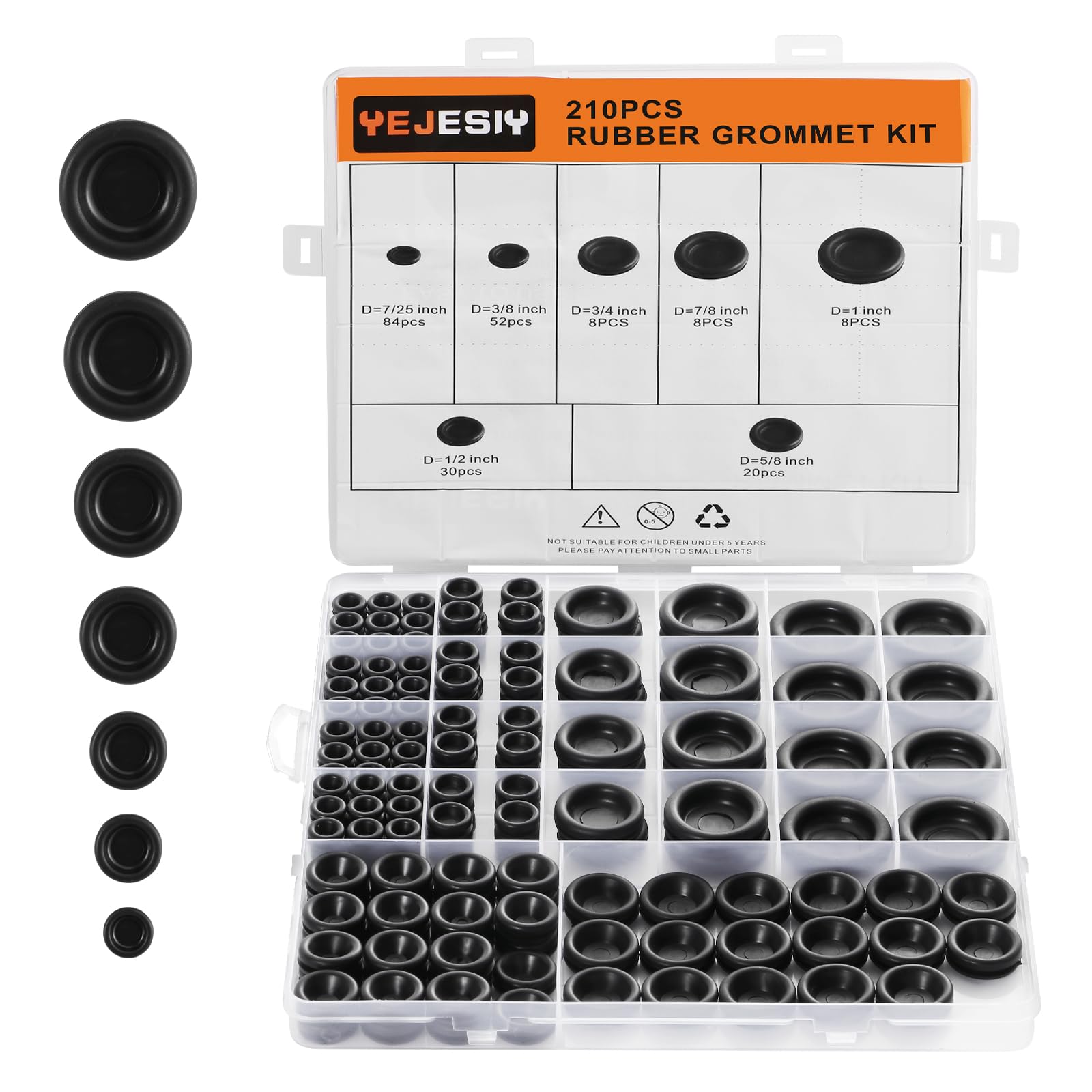 Yejesiy 210PCS Rubber Grommet kit, Premium 7 Sizes Rubber Grommets for Wiring, Automotive, Home Improvement, Closed Wire Grommet for Wire Electrical Appliance Plumbing