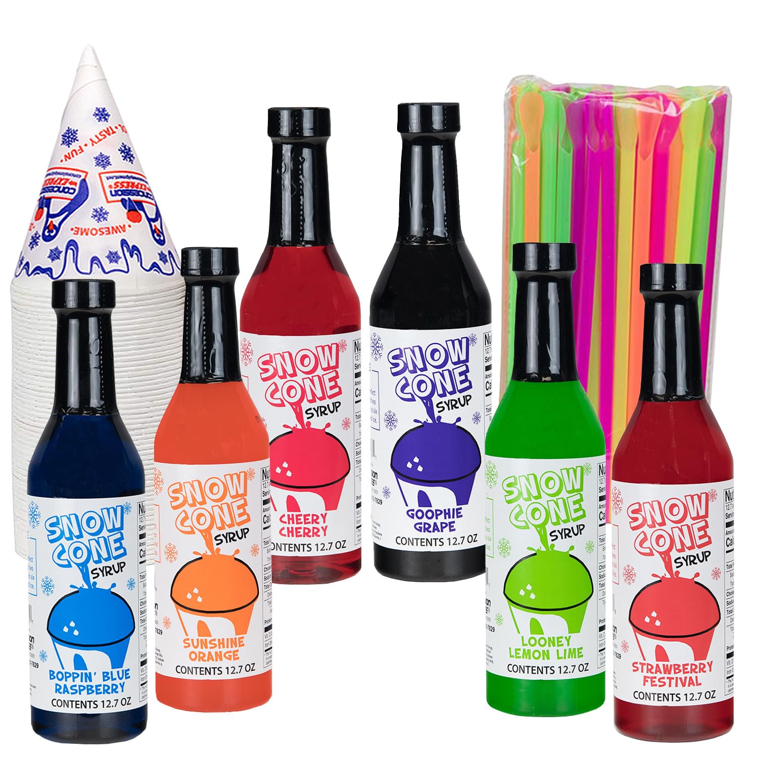 12.7oz Snow Cone Syrups (6 Pack W/Cups/Straws)