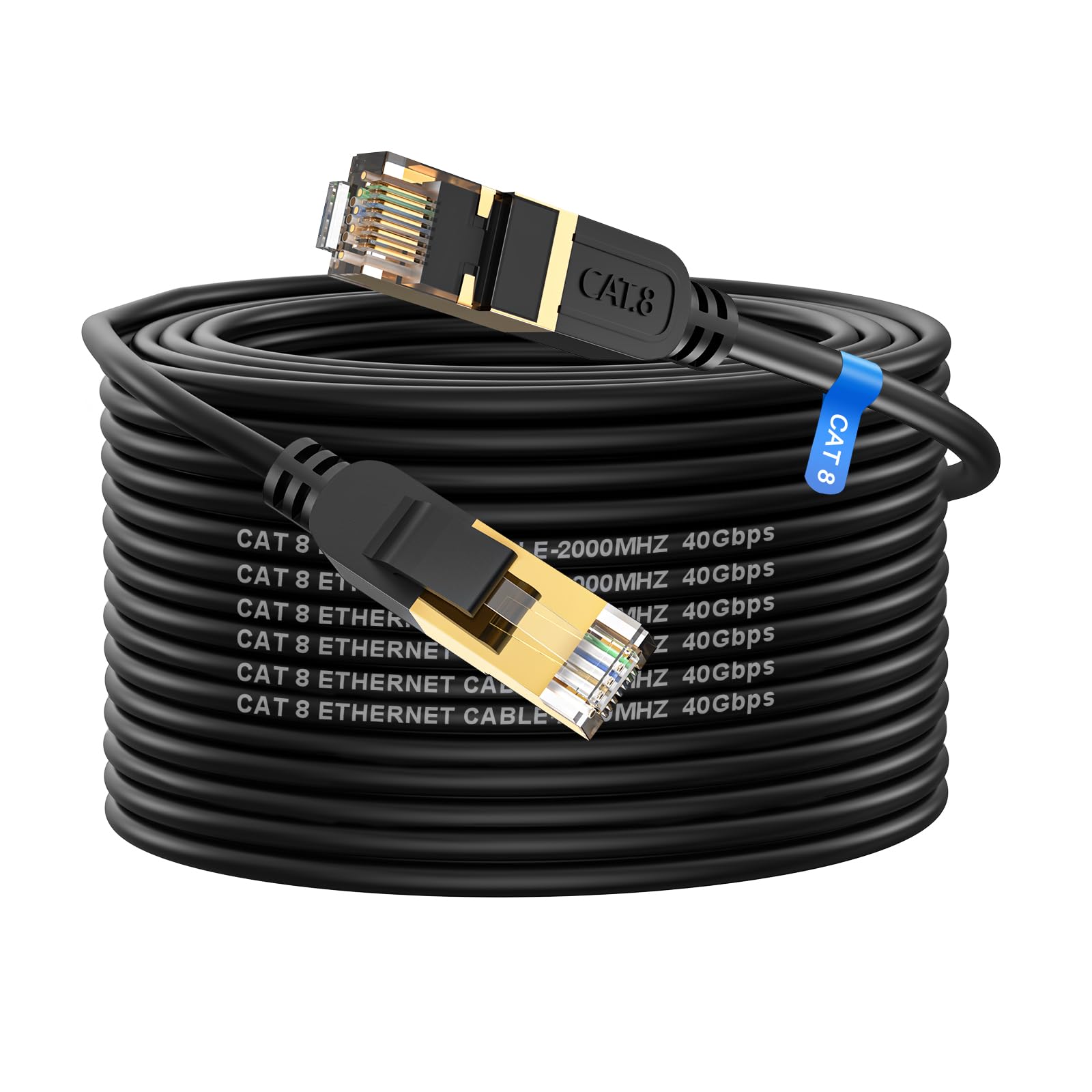 Cat 8 Ethernet Cable, 100FT High Speed Heavy Duty 26AWG Cat8 LAN Network Cable 40Gbps, 2000Mhz with Gold Plated RJ45 Connector, Outdoor&Indoor Internet Cable Compatible for Router Gaming Modem Xbox