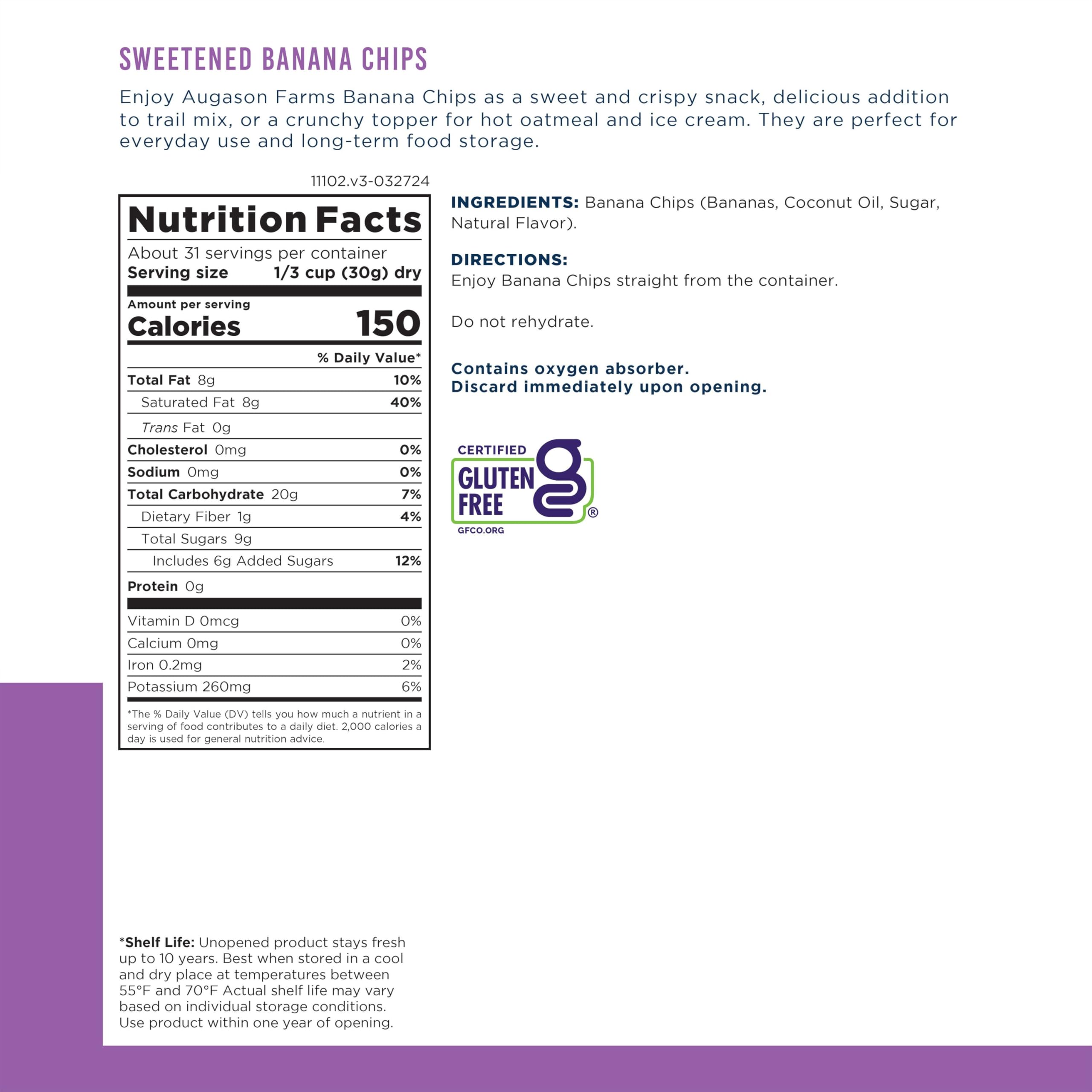 Augason Farms Sweetened Banana Chips Can, Emergency Food Supply, Everyday Meals, 31 Servings (Packaging May Vary)