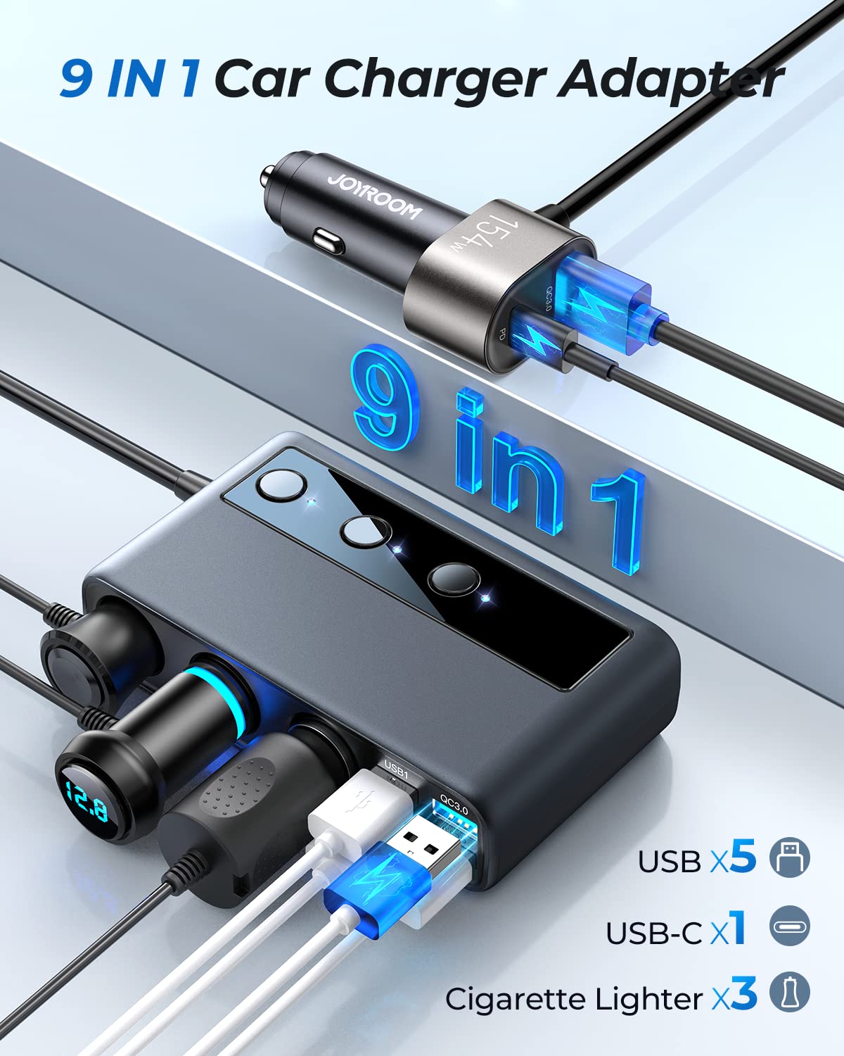 9 in 1 Cigarette Lighter Splitter, JOYROOM 210W Cigarette Lighter Adapter with PD/QC 3.0 * 2 Charge(3.3FT Cable), 12V/24V Independent Switches DC Cigarette Outlet Car Charger for All Car Devices