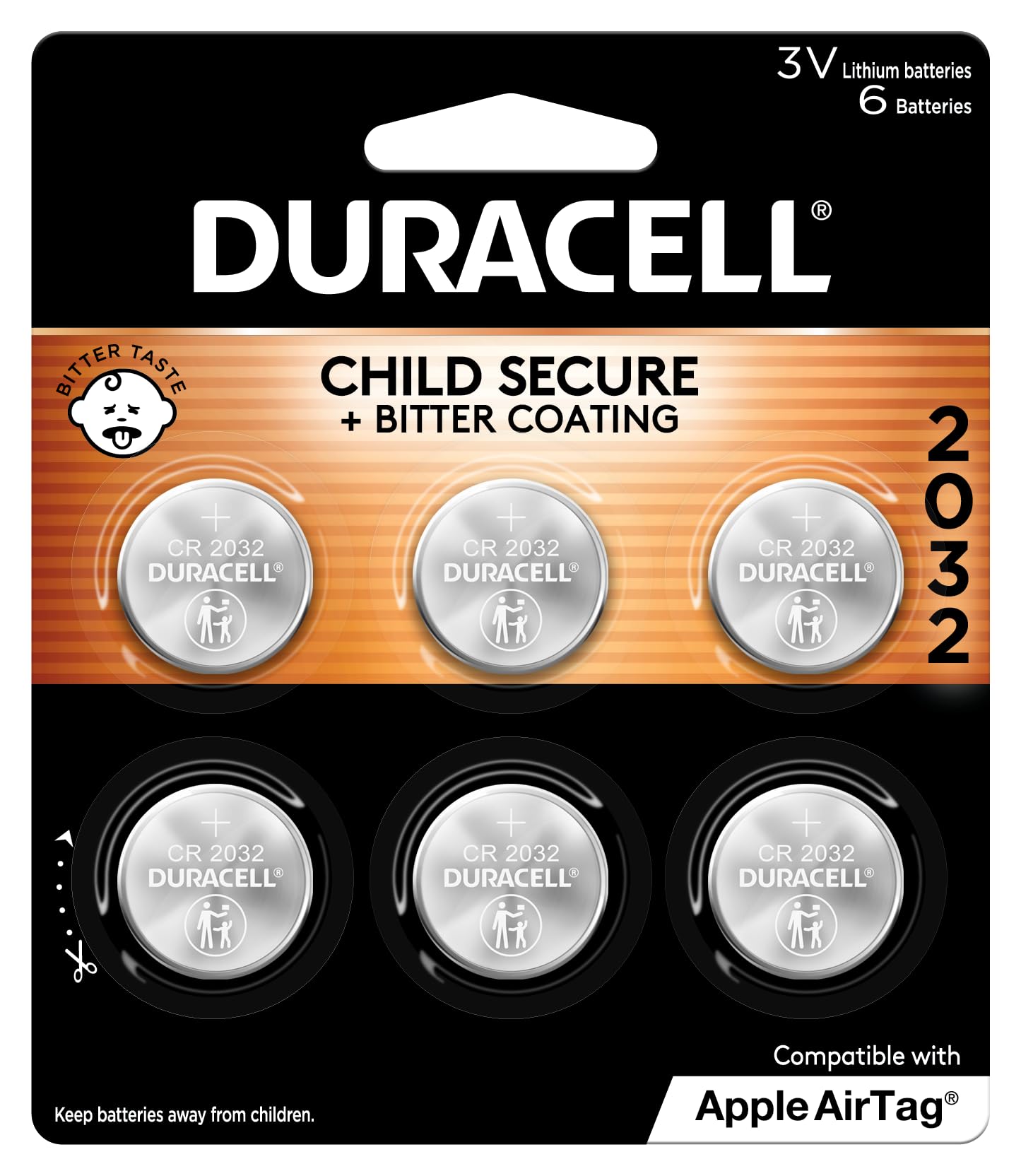 Duracell 2032 Lithium Battery. 6 Count Pack. Child Safety Features. Compatible with Apple AirTag, Key Fob, and other devices. CR2032 Battery Lithium Coin Battery. CR Lithium 3V Cell