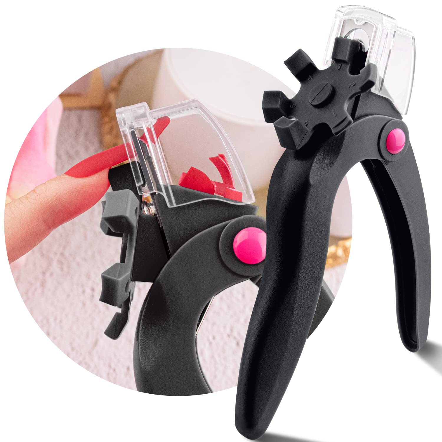 Belleboost Adjustable Acrylic Nail Clippers with Sizer, Catcher and Length Measurement, Black Professional Dial Stainless Steel Blade Nail Tips Cutter, Fake Nail Trimmer, Manicure Tool for Salon Home