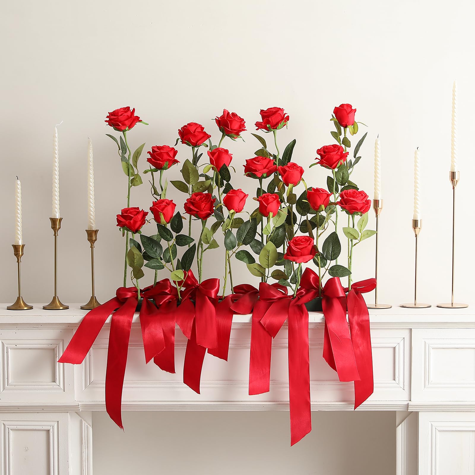 Hawesome 12PCS Artificial Silk Flowers Realistic Roses Bouquet Long Stem for Home Wedding Decoration Party A-Red -1