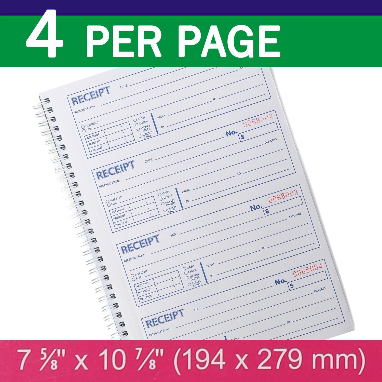 Money and Rent Receipt Book 2-Part Carbonless 7-5/8" x 11" Spiral Bound 200 Sets per Book 4 Receipts per Page(1pack)