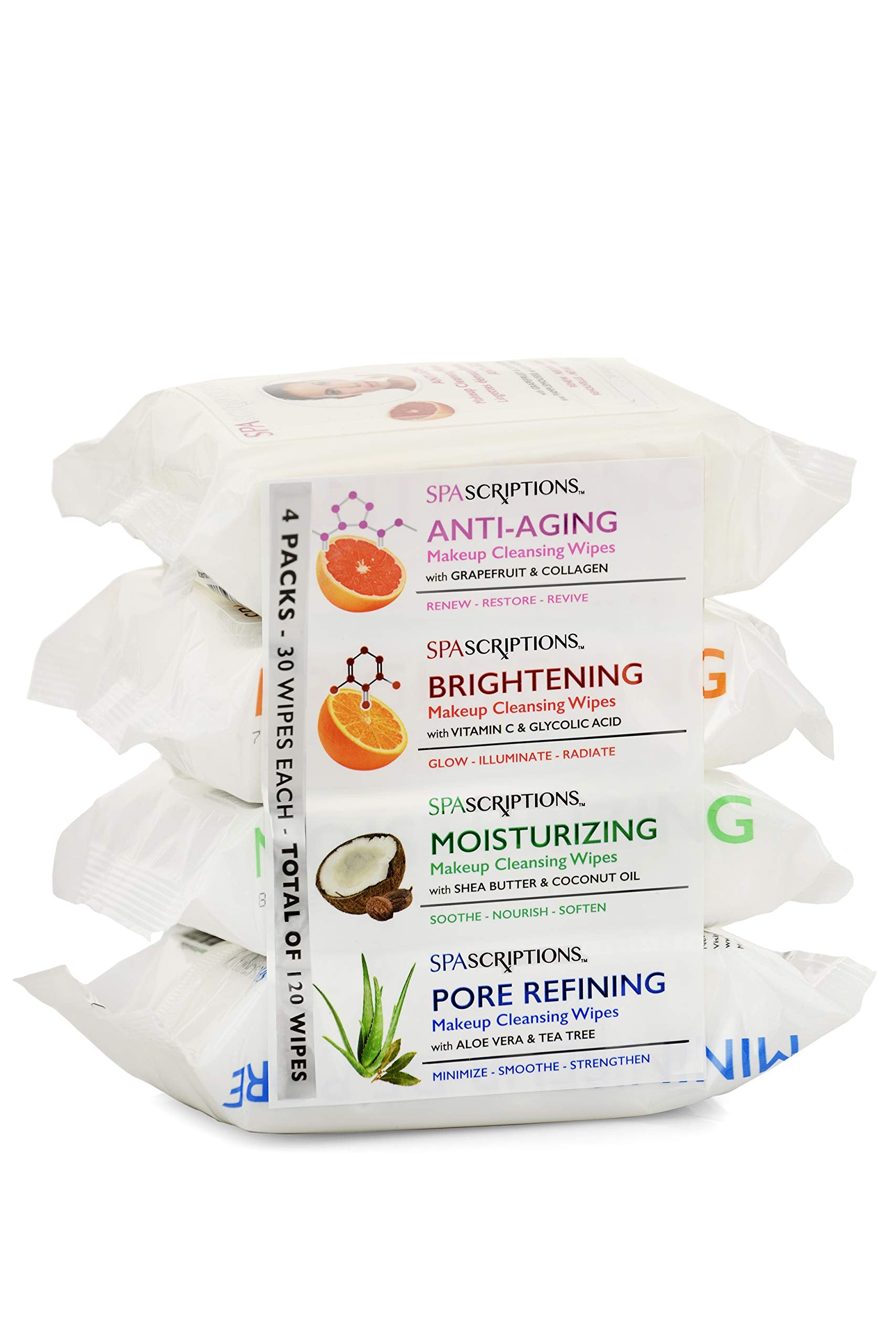 Spascriptions™ Anti-Aging, Brightening, Moisturizing & Pore Refining Towelettes Removes Waterproof Makeup, Revives with Collagen, Vitamin C, Coconut Oil, and Aloe Hypoallergenic, 120 Ct. 4 Pack