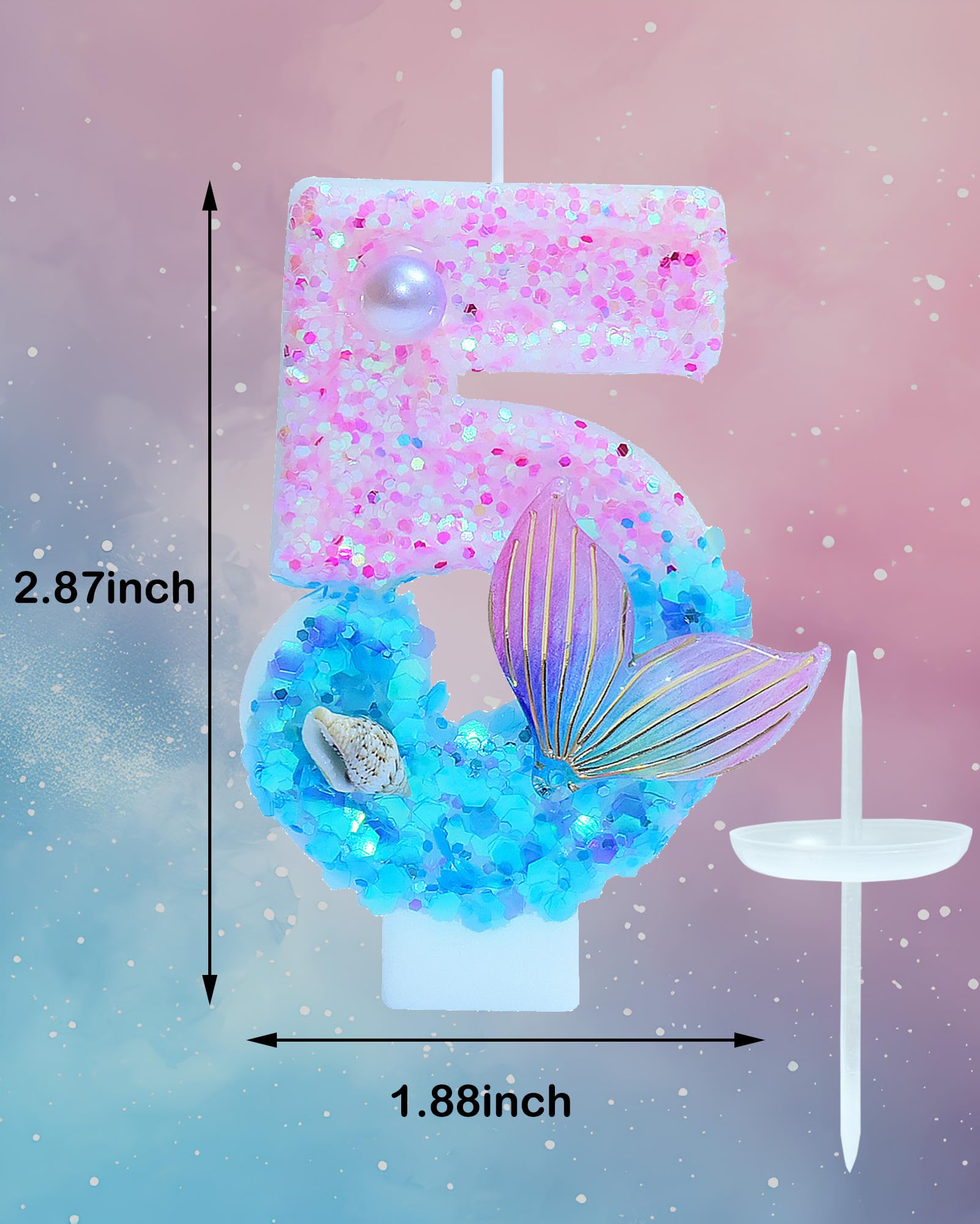 Mermaid Themed Birthday Candles, Number 5 Girls Glitter Birthday Party Supplies,Anniversary Party Decor,2.87 inch Cake Topper Decorations (Mermaid Themed, Number 5)