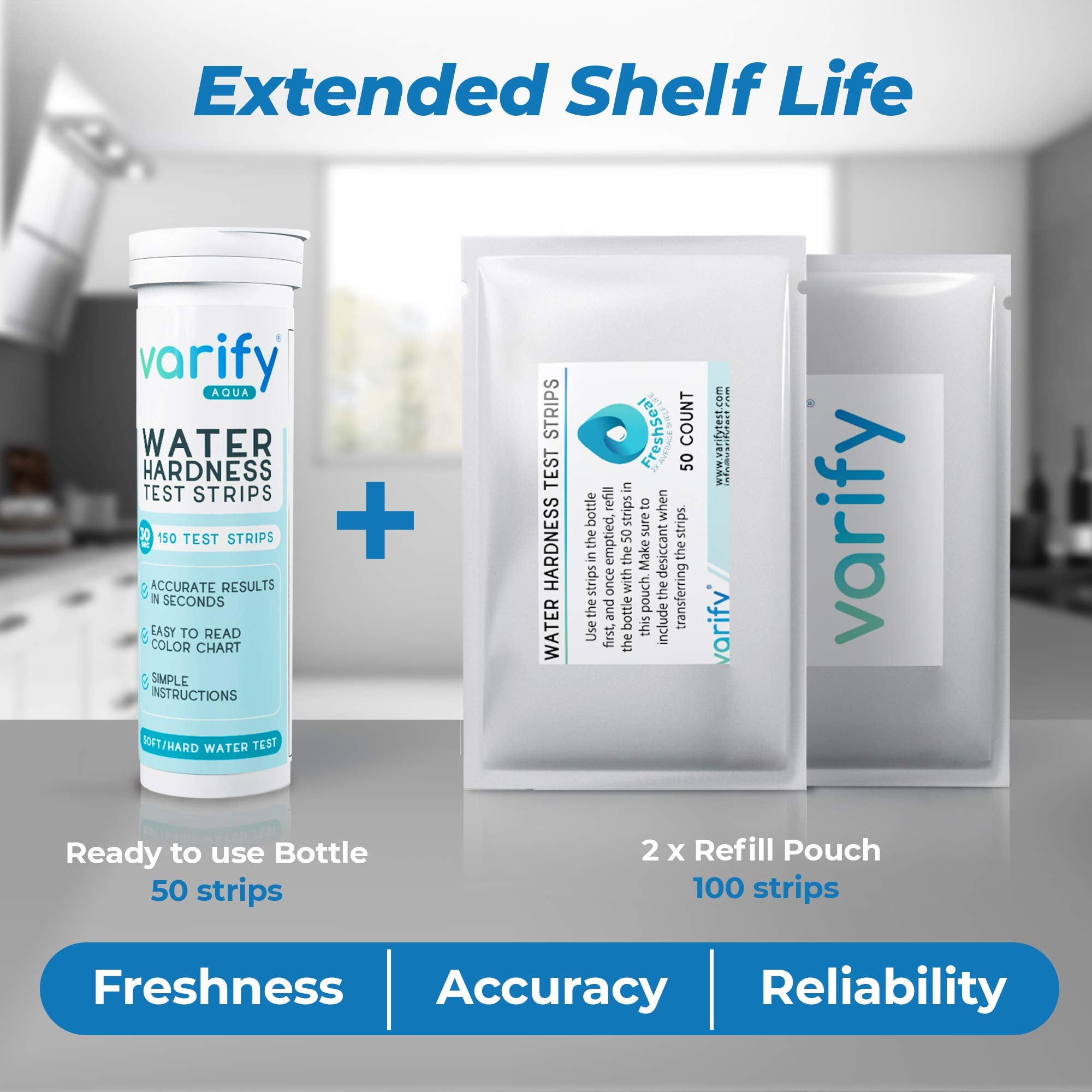 Varify Water Hardness Test Kit - Water Testing Kit for Home, Drinking, Well, Spa, Swimming Pool, Softener, Dishwasher & More - Hard Water Test Strips for Calcium, Magnesium etc (0-425 pmm, 150 Strips)