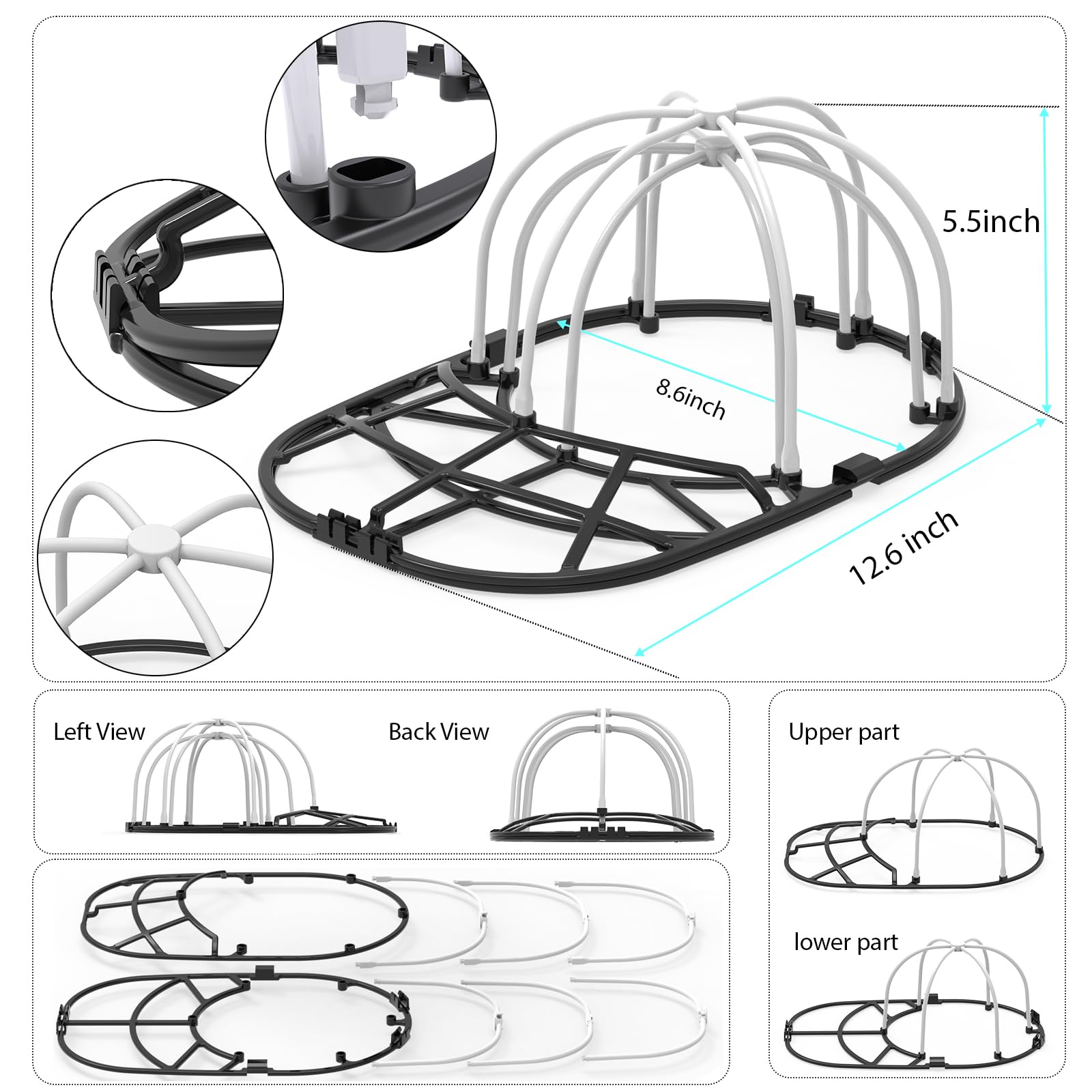 YEENOR Hat Washer Cage for Washing Machine - Baseball Cap Cleaner Rack, Ball Cap Washing, Dishwasher Safe, Perfect for Cleaning and Protecting Hats in Dishwasher (White/Black 1 Pack (Assembly))