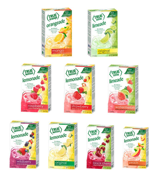 True Lemon STRAWBERRY, WILDBERRY, LIMEADE, WATERMELON, BLACK CHERRY, MANGO ORANGE, PEACH, LEMONADE, RASPBERRY 10ct each box. Citrus Sample Kit, 1.06 Ounce (Pack of 9)