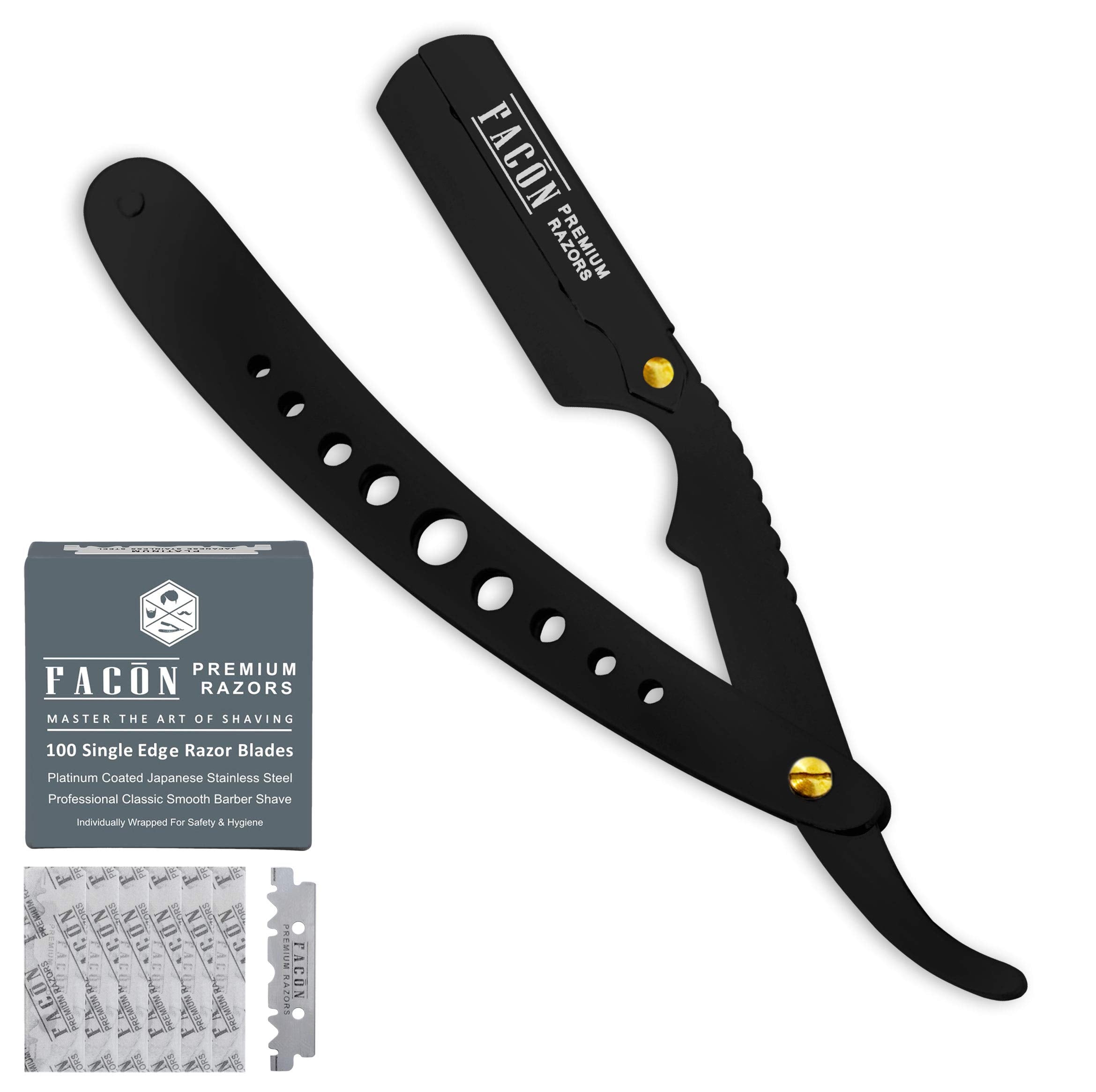 100 BLADES + Facón Professional Wooden Straight Edge Barber Razor - Salon Quality Cut Throat Shavette