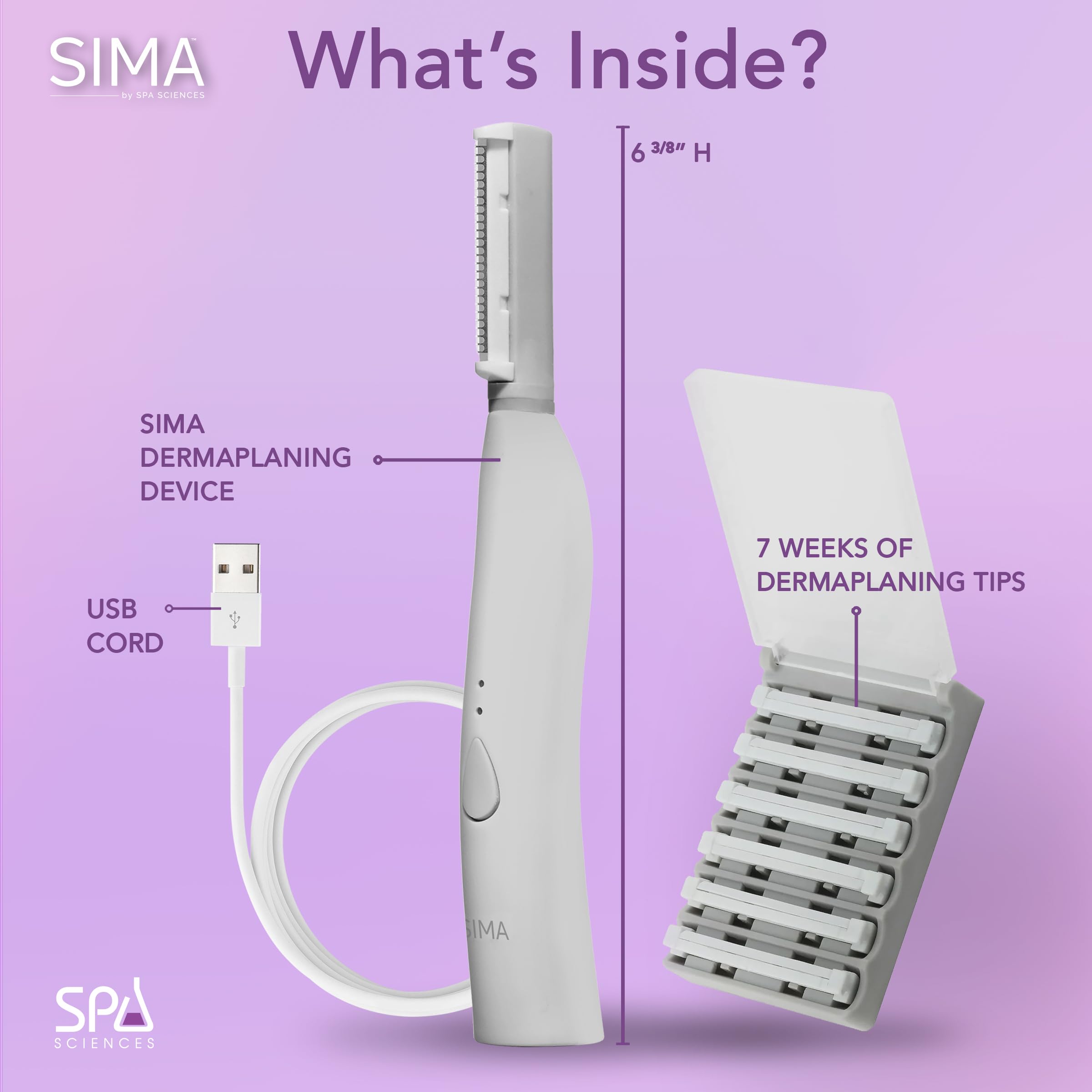 SPA SCIENCES - SIMA Dermaplaning Tool - Patented Painless 2 in 1 Facial Exfoliation & Peach Fuzz-Hair Removal System w/ 7 Weeks Treatment Included - Anti-Aging – 3 Speeds - Rechargeable